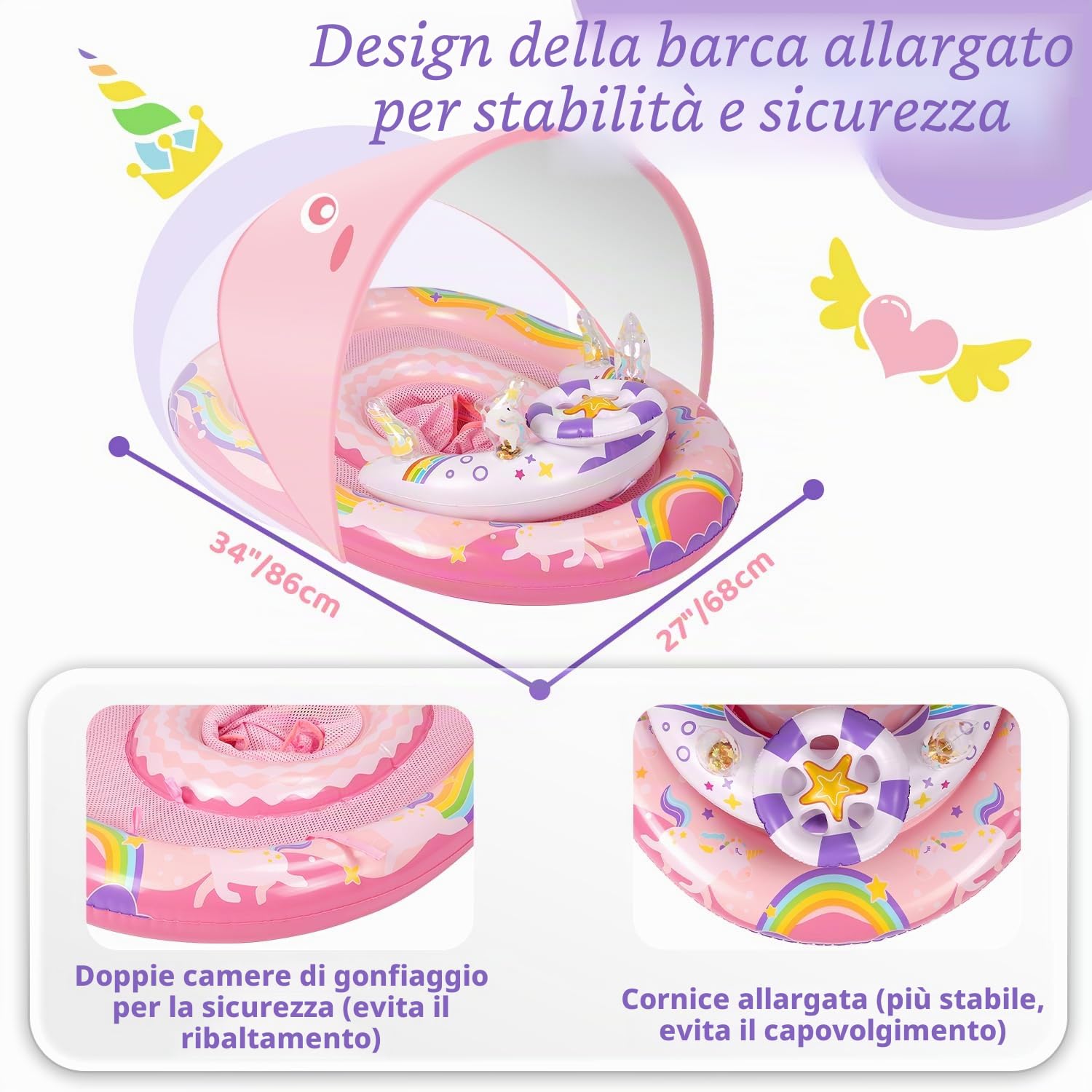 ACELIFE Anello galleggiante per bambini con tettuccio parasole rimovibile e giocattolo, per bambini dai 6 mesi in su, con sedile di sicurezza regolabile, per bambini da 6 a 36 mesi
