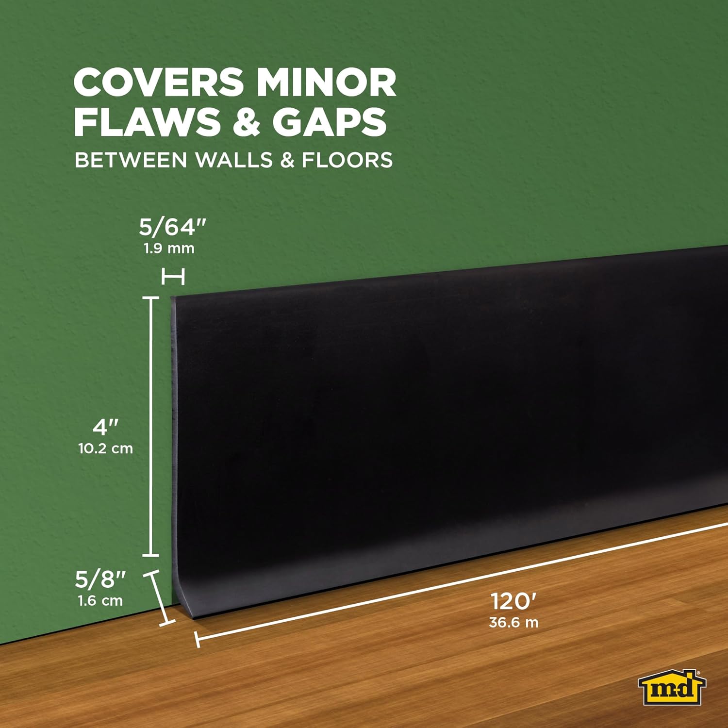 M-D Building Products 4-Inch x 120-Feet Dry Back Vinyl Wall Base, Flexible Dry Back Vinyl Trim with Toe - Easy Install Molding Trim for Floors, Baseboards, Bulk Roll, Black (75457)