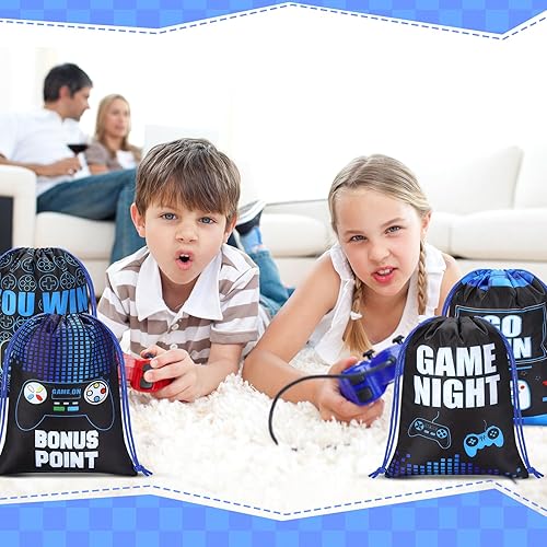 Miniatura 6 de Faccito 16 bolsas de recuerdos de fiesta de videojuegos de 7 x 9.8 pulgadas, bolsas con cordón para fiestas de juegos, temática de juegos, bolsas de