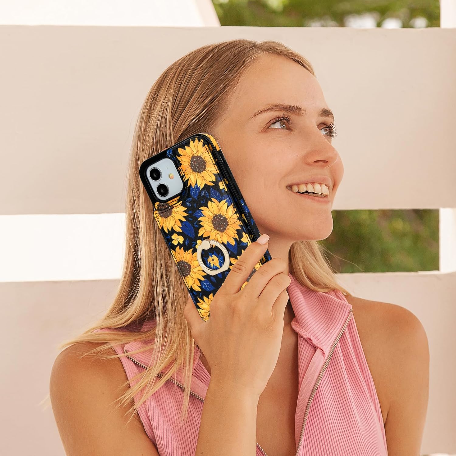 HAOPINSH for iPhone 12/ iPhone 12 Pro Wallet Case with Card Holder, 360°Rotation Ring Kickstand, Blooming Sunflowers Pattern, RFID Blocking Leather for Girls Women, Protective Cover 6.1"