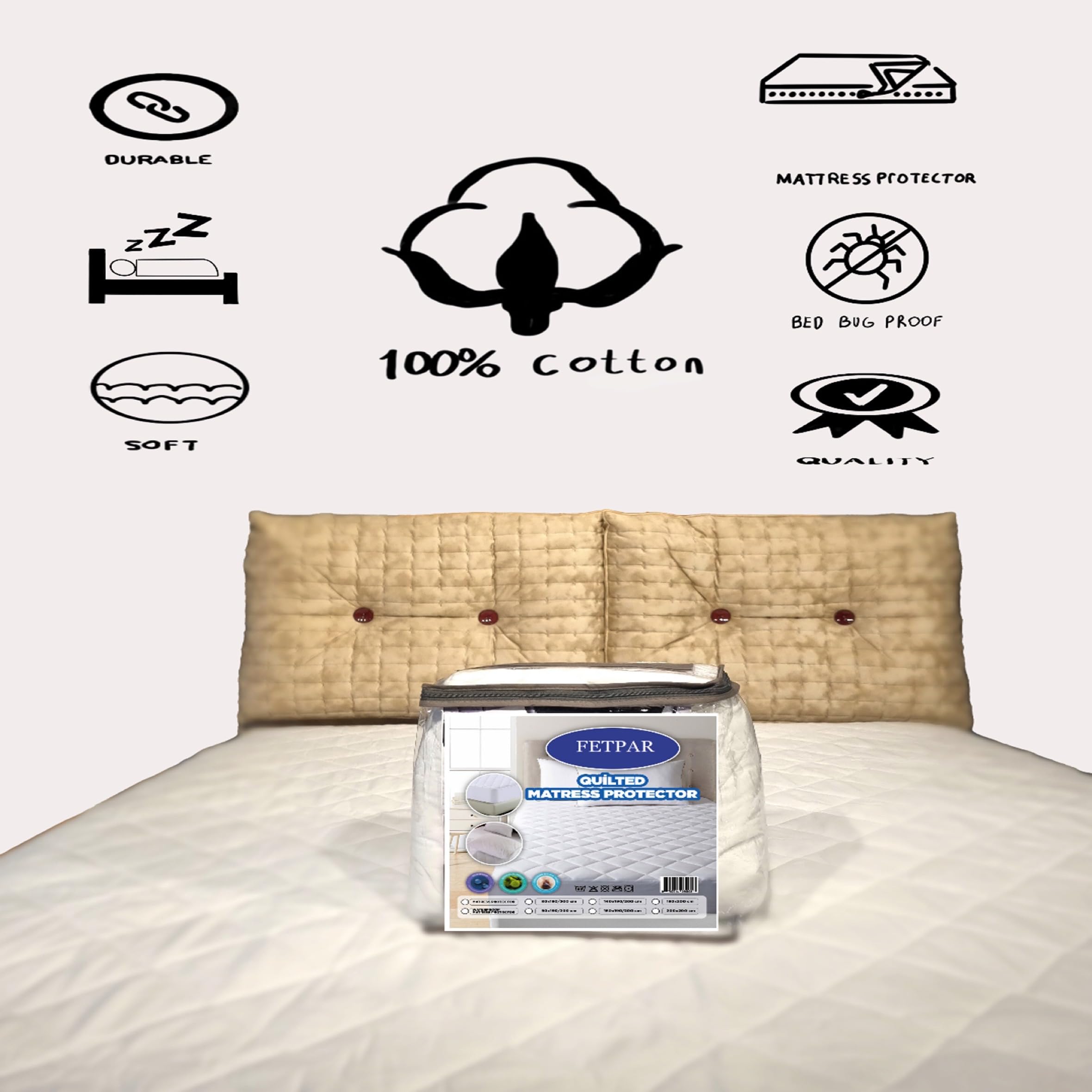 Protector de colchón de algodón, protector de cama hipoalergénico, bandas elásticas, transpirable y cómodo, funda de colchón extensible (blanco, 180 x 200 + (35-40))