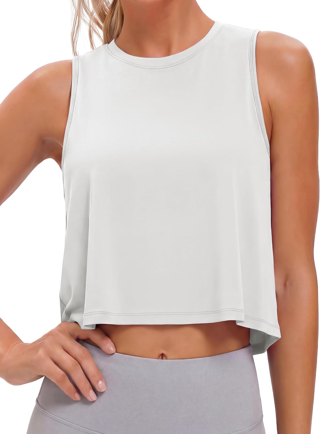 MAGCOMSEN Womens Cropped Tank Tops Workout Muscle Sleeveless Top Quick Dry Crew Neck Loose Fit Yoga Gym Running Athletic