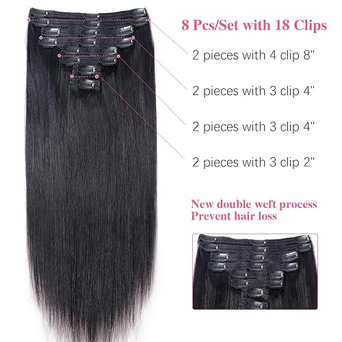 Miniatura 2 de Extensiones de cabello humano lacio con clip, para mujeres negras, 100% sin procesar, cabello virgen brasileño con clip, sin costuras, 8 piezas con
