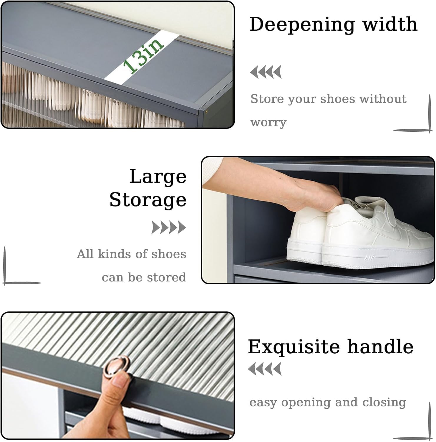 Close-up of shoe cabinet showing deepening width, large storage, and exquisite handle