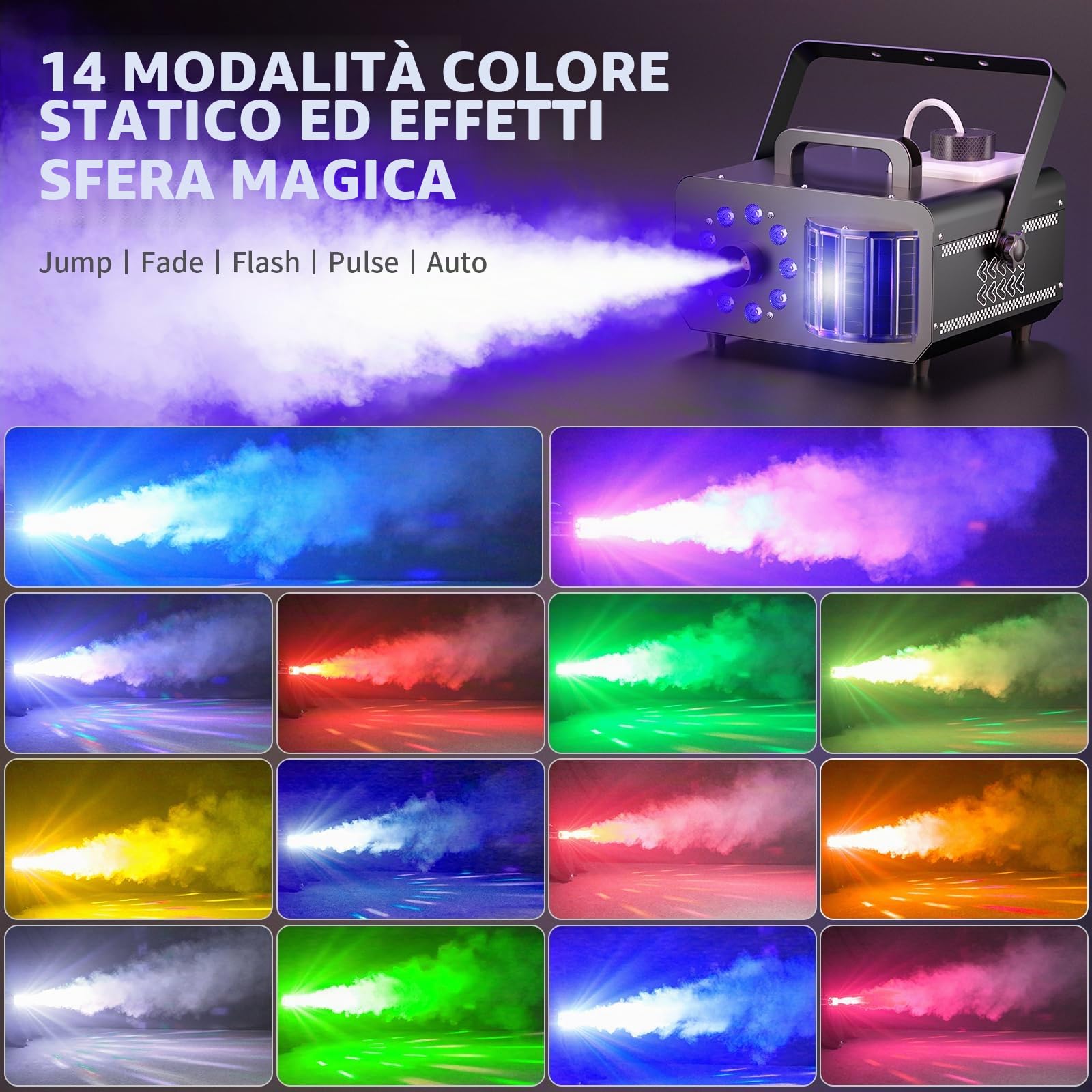 Macchina per il fumo da 1200 W, con effetto magico a sfera e 9 LED RGB, 4 modalità dinamiche + 14 colori ambientali statici, telecomando senza fili, per DJ, Halloween, eventi sul palcoscenico