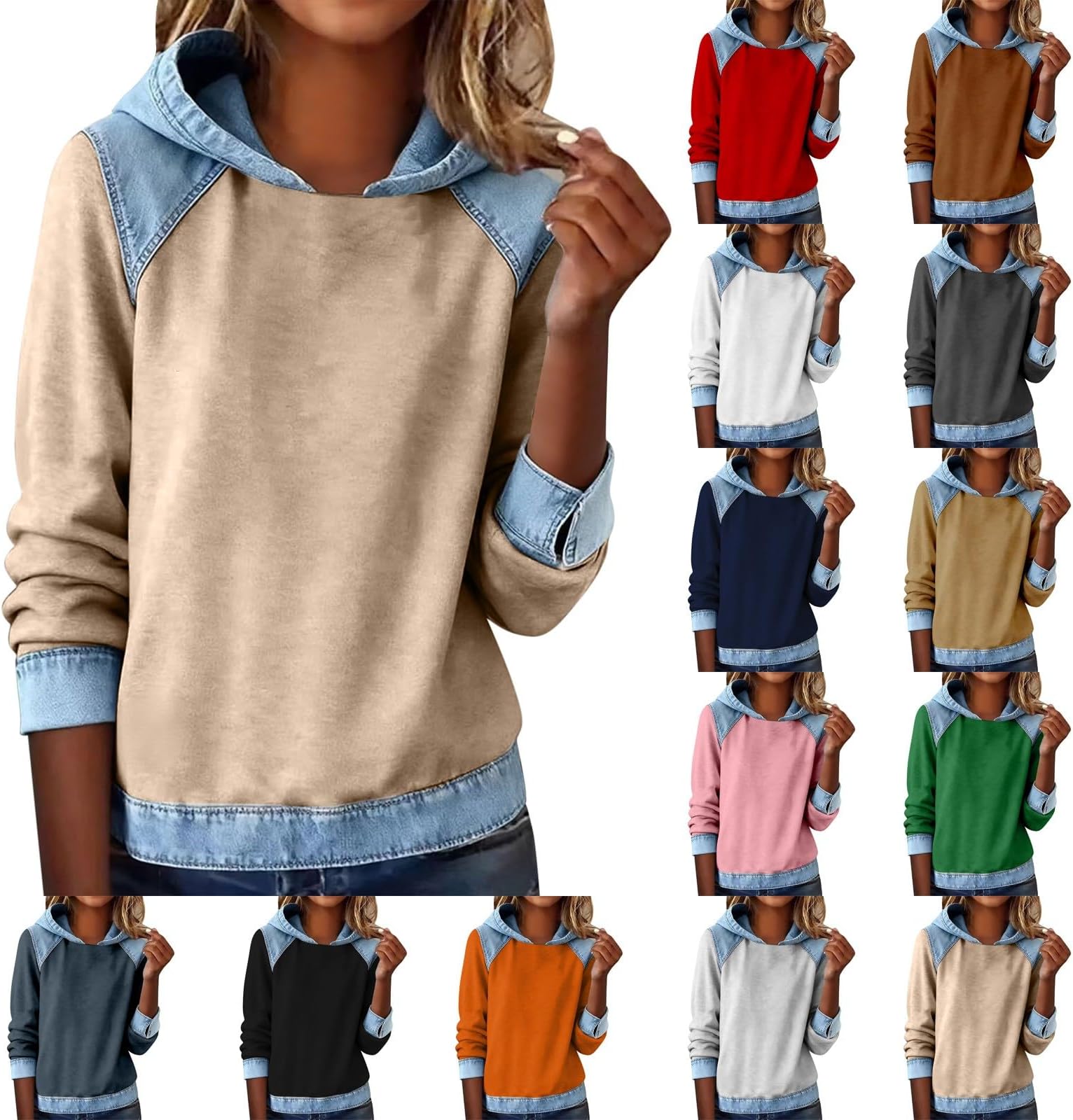 Denim Patchwork Hoodies Shirt Women Long Sleeve Solid Denim Collar Stitching T-Shirts Casual Ladies Tops Plus Size Sweatshirt