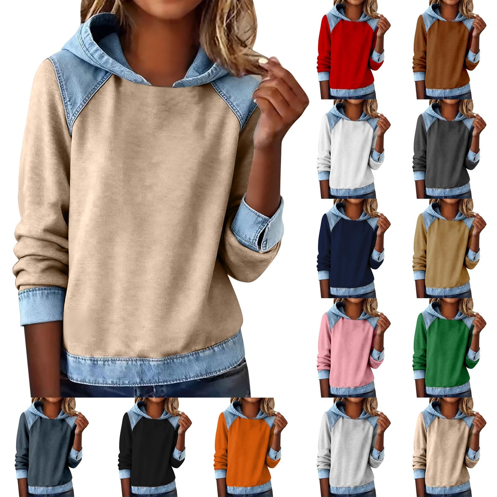 Denim Patchwork Hoodies Shirt Women Long Sleeve Solid Denim Collar Stitching T-Shirts Casual Ladies Tops Plus Size Sweatshirt