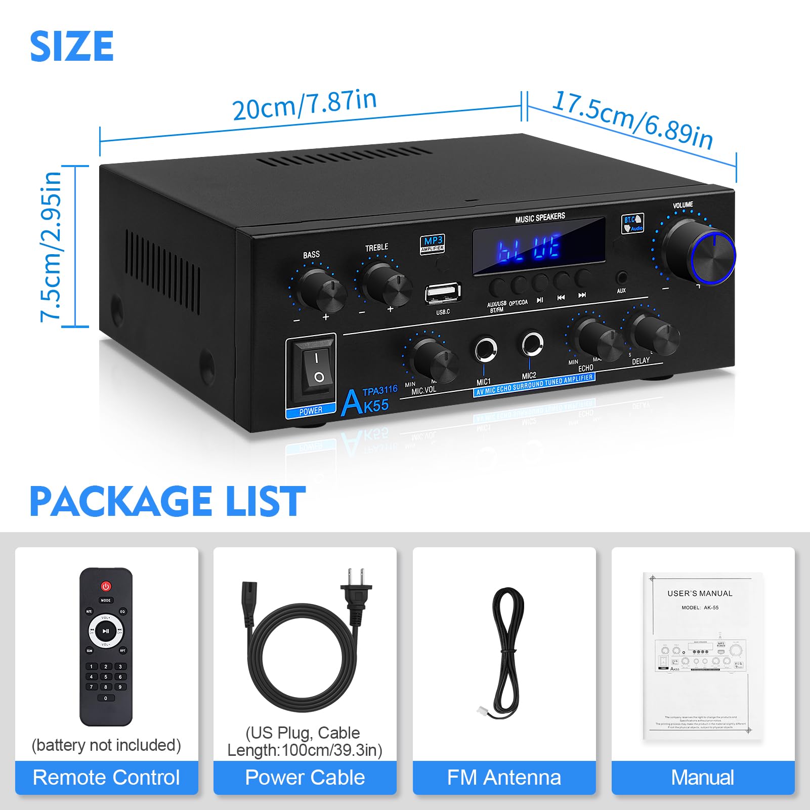Amplificatore HiFi AK55 Bluetooth Stereo Audio Amplificatore Ricevitore 2 Canali 70WX2 Max. 600W Amplificatore audio digitale 12V/220V per casa o auto