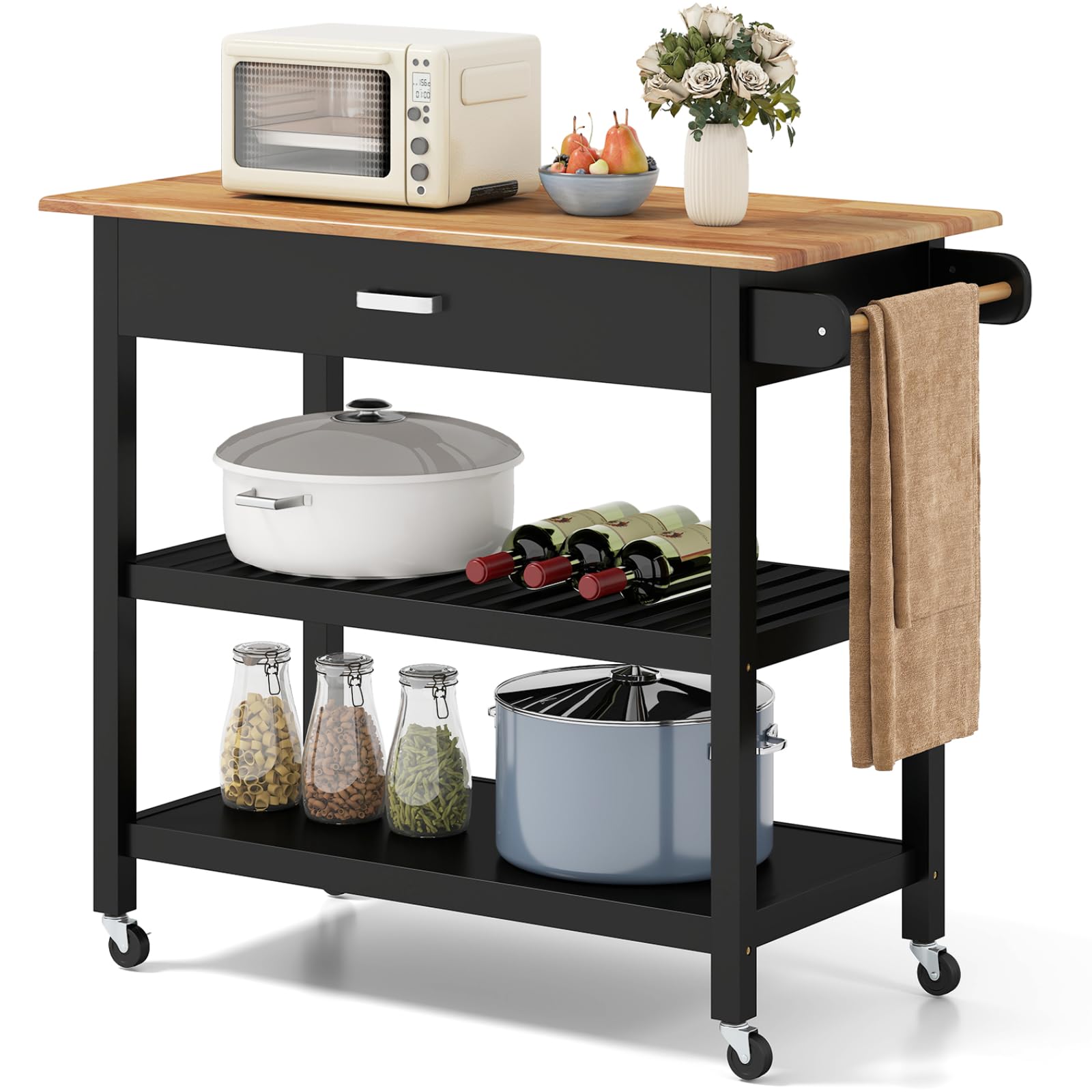 TANGZON Kitchen Island Cart, 3-Tier Rolling Storage Trolley with Rubber Wood Countertop, 1/2 Drawers, Side Handle & Wheels, Utility Serving Cart for Dining Living Room (Natural+Black, 106x50x89cm)