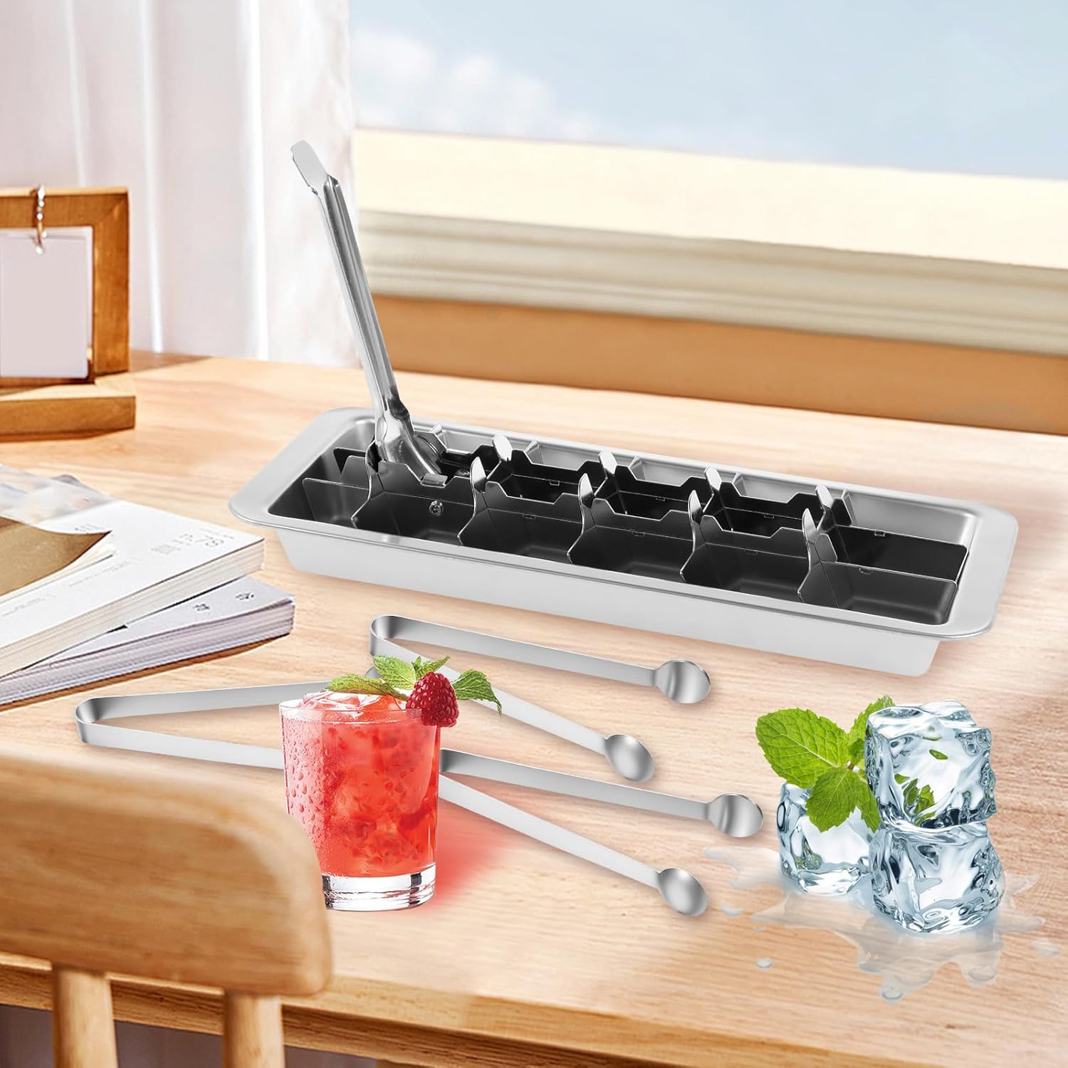 2 Set Stainless Steel Ice Cube Tray for Freezer, 18 Slot Square Ice Cube Molds, Easy Release Metal Handle Ice Tray with Removable Slots for Kitchen Bar Making Various Ice Cubes and Frozen Foods