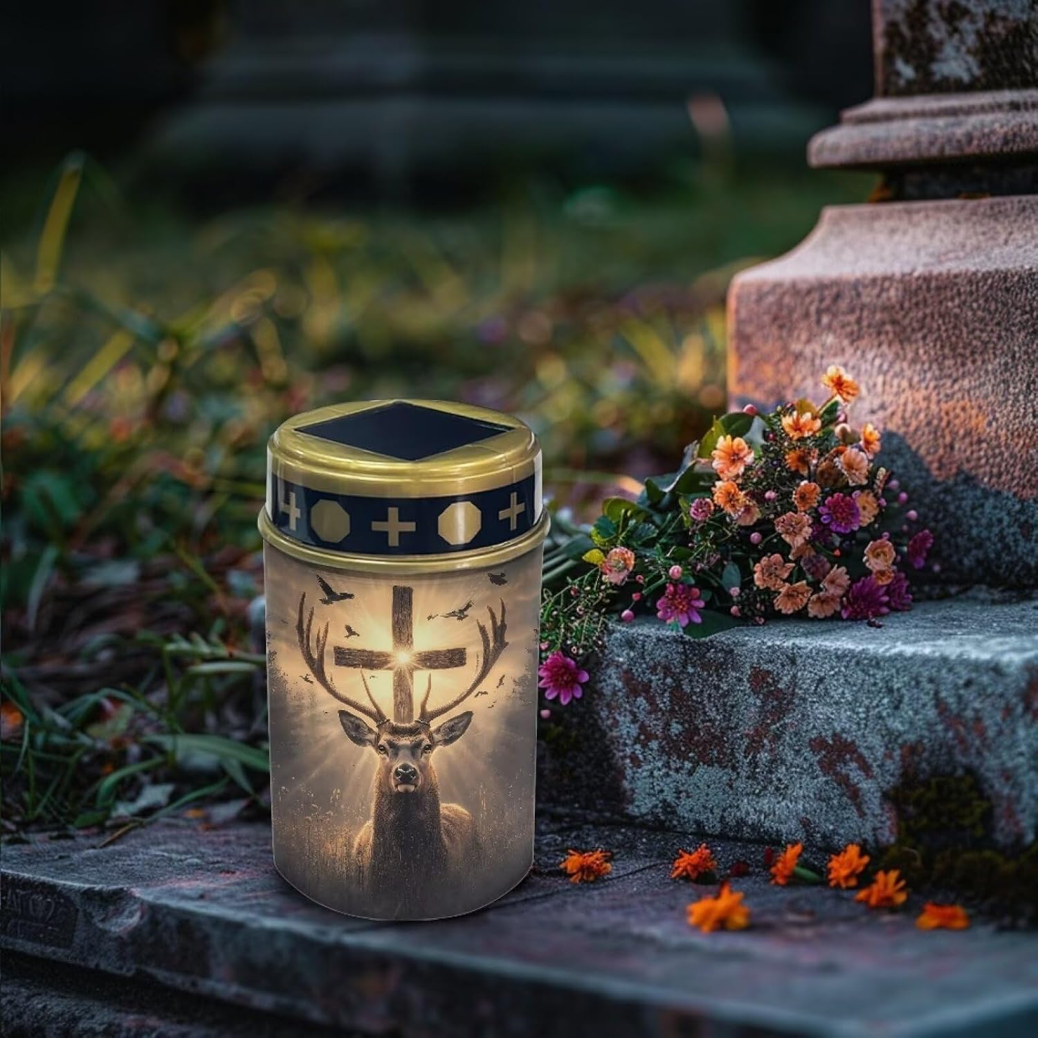 Poceacles 2 Pack Cross Solar Lights Solar Outdoor Lights Outdoor Waterproof Stake Solar Lights Votive Candles Grave Solar Candles for Memorial Day Decorations, Deer Cross Dove of Peace Light