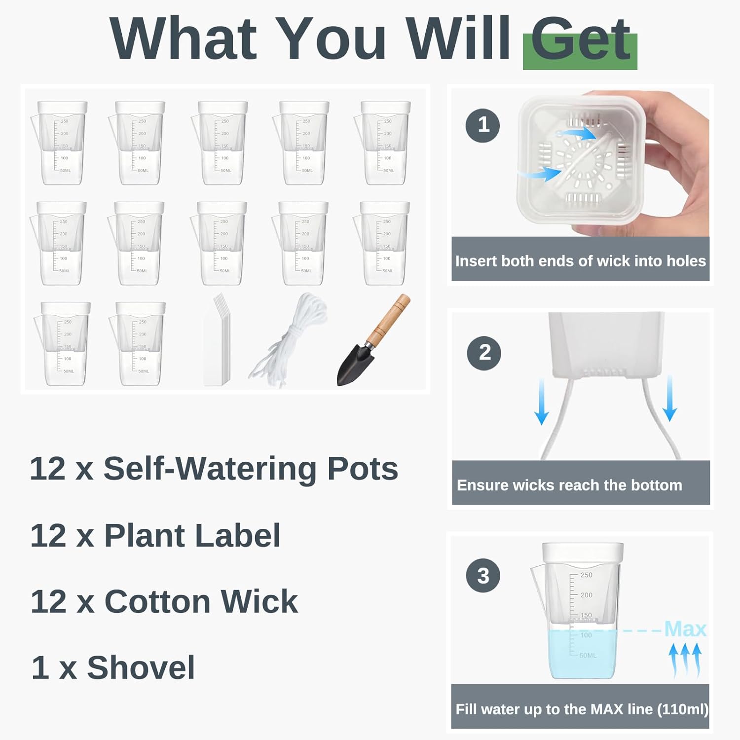 2.5 Inch Self Watering Pots, Clear Nursery Pots with Drainage Holes & Visible Water Level, 12 Pack Seed Starter Pots for Seedlings, Cuttings, Succulents, Prevent Overwatering