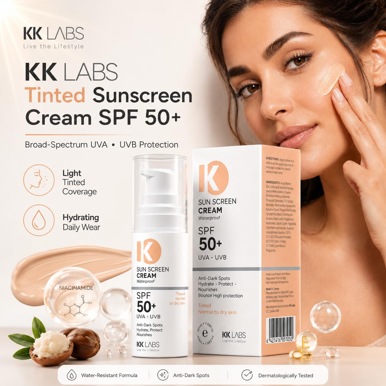 KK Labs Tinted Sun Cream for Normal to Dry Skin 50ml - Hydrating Daily Facial Sunscreen with a Tint That Evens Tone for a Natural, Radiant, Comfortable Complexion, Men and Women