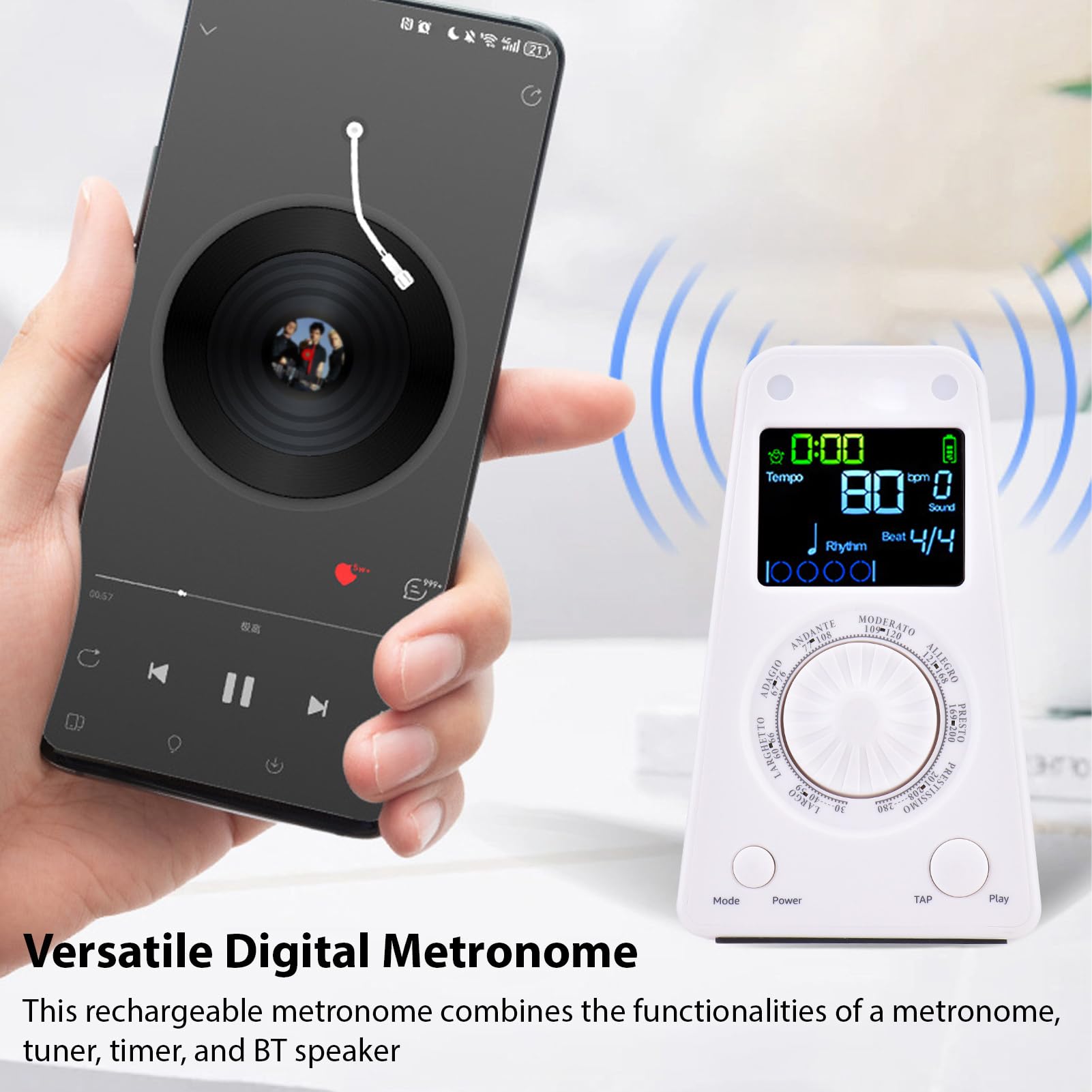 Dilwe Metrónomo Electrónico, Sintonizador de Metrónomo Digital Recargable para la Guitarra de Piano Drum Guzheng (WHITE)