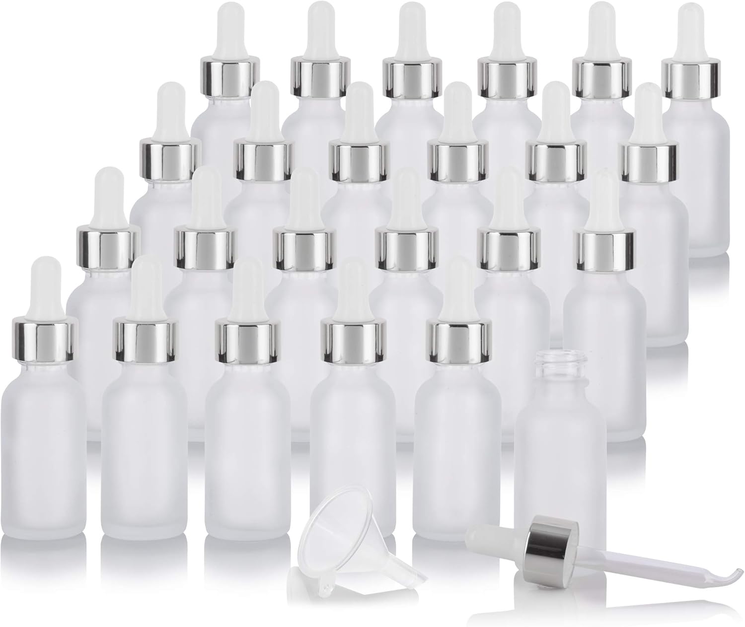 JUVITUS 1 oz Clear Frosted Glass Boston Round Bottle with Silver Metal Dropper (24 pack) + Funnel