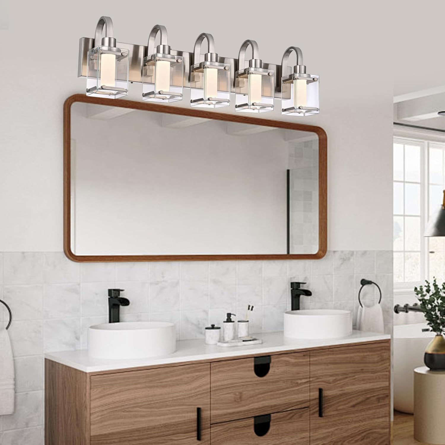 5-Light Brushed Nickel Vanity Light Fixtures, Modern LED Bathroom Wall Lights for Dressing Room, Integrated LED Chips with Frosted Column & Clear Square Glass Shades, Energy Saving Wall Sconce
