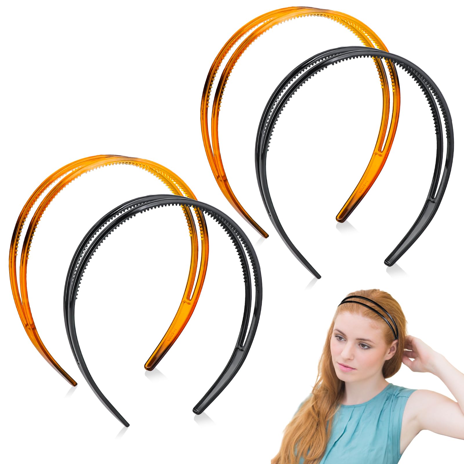 KALIONE 4 Pieces Plastic Headbands, Double Row Teeth Headband, Black Non-Slip Headband Hair Band, Double Row Headwear Hair Hoop, Hair Bands with Teeth for Women Girls