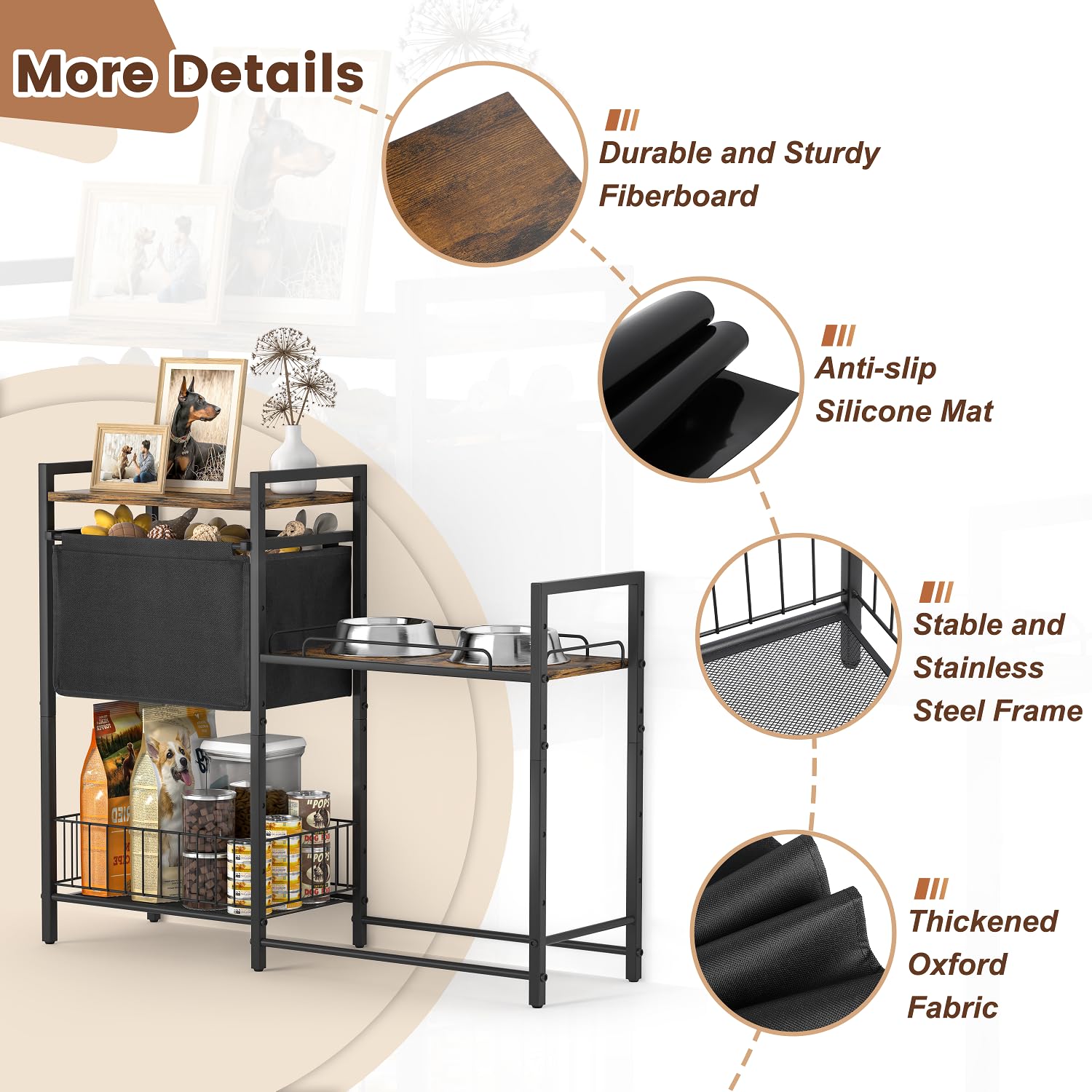 Lomivra Cuencos elevados para perros, soporte elevado para cuencos para perros con cesta de juguetes para perros, estación de alimentación para alimentos y agua, armario elevado para cuencos para
