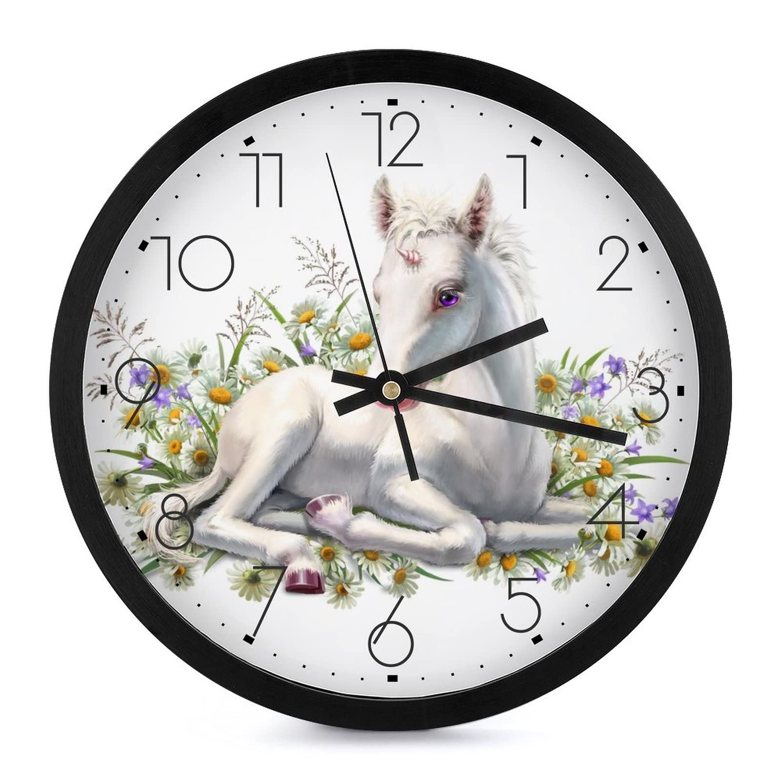Horloge Murale Ronde Licorne et Fleur Rose Décorative 25.4cm