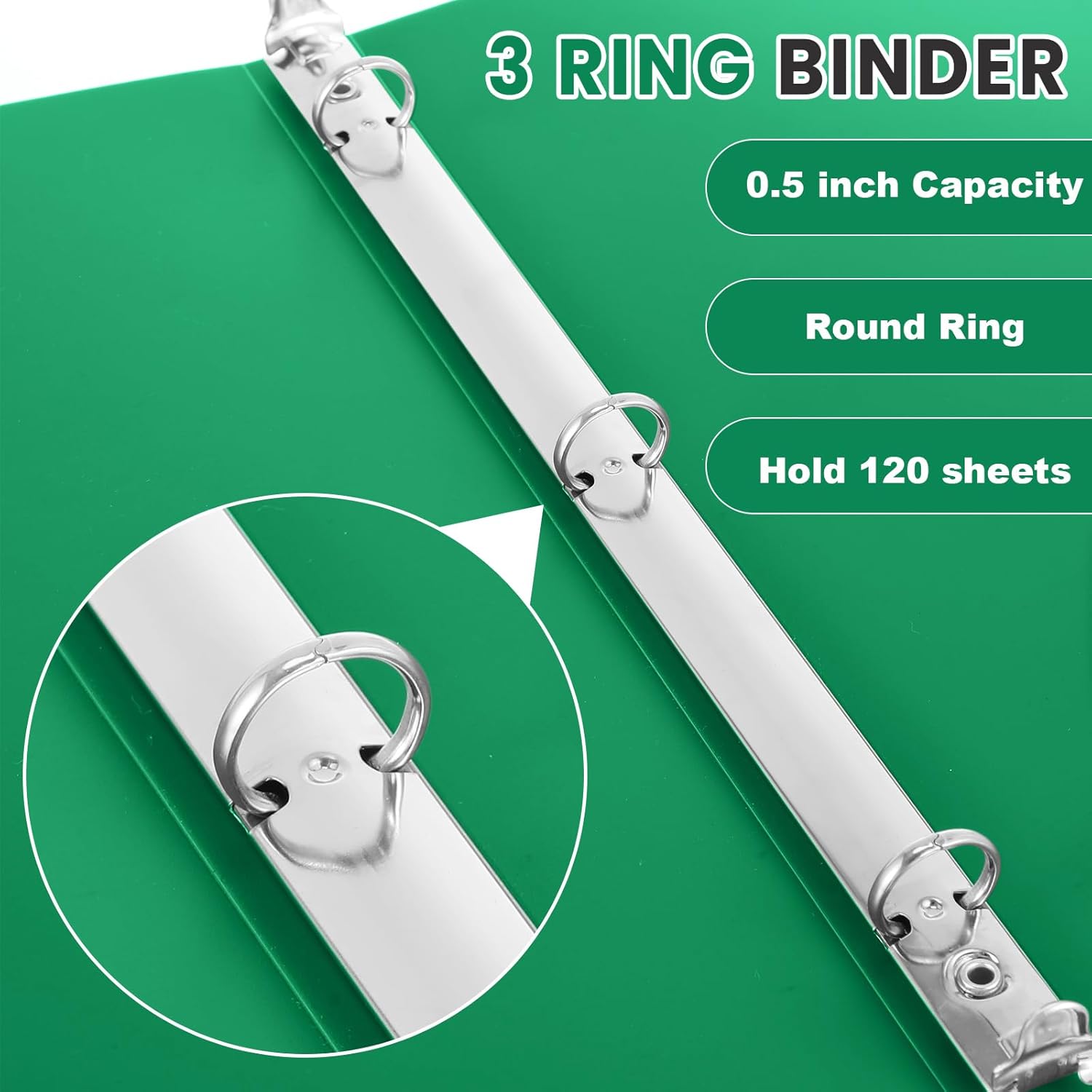 Henoyso 16 Pack 1/2 Inch 3 Ring Binder with Clear Cover Fit Letter Size 8.5" x 11" Paper Holds 140 Sheets, Bulk Binders for Organizing School, Office & Classroom Documents, 1 Pocket (Green)