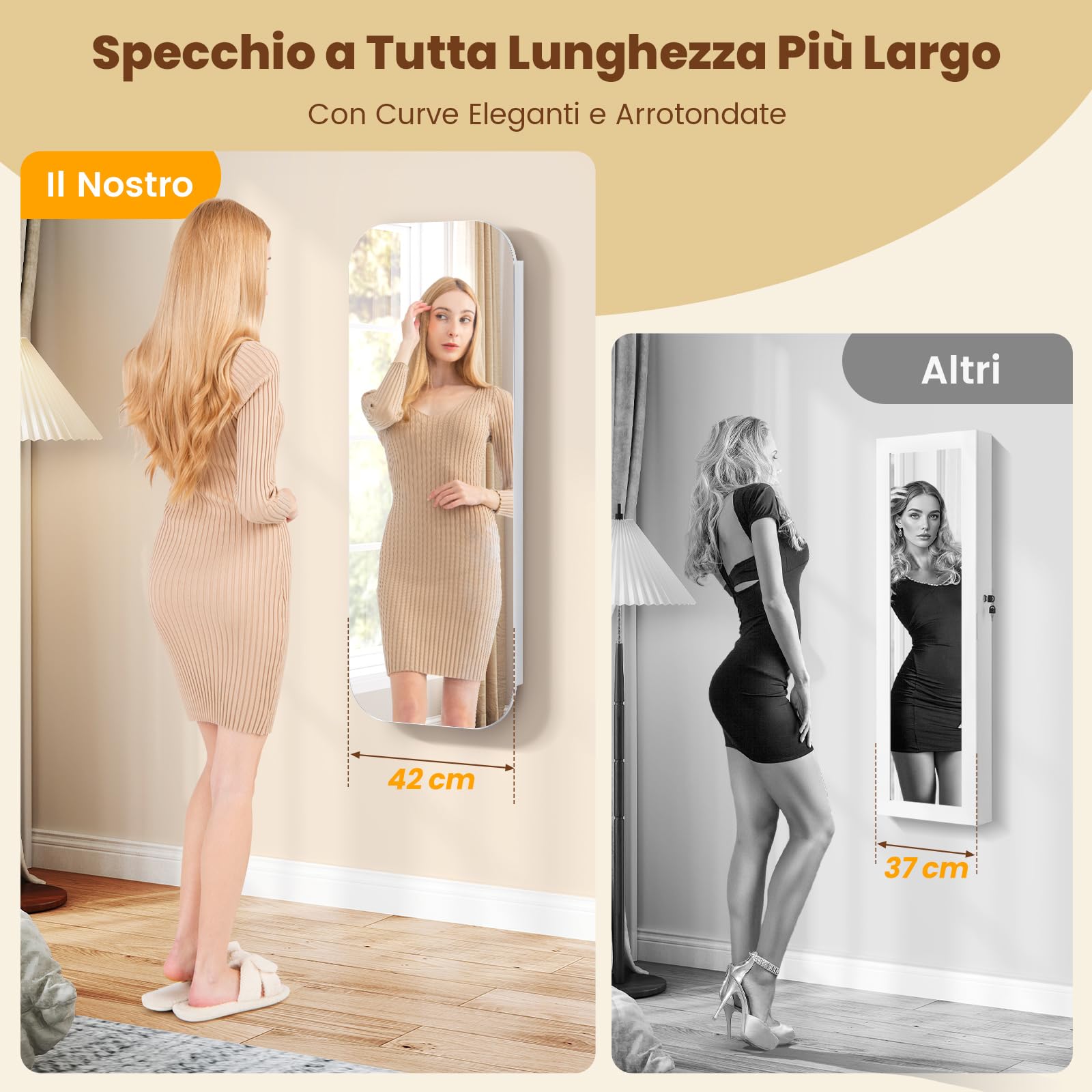 COSTWAY Specchio Portagioie da Parete, con 6 Luci LED | Armadietto per Gioielli a Muro, Ganci e Scomparto, Portagioie Donna Salvaspazio con Serratura per Camera da Letto