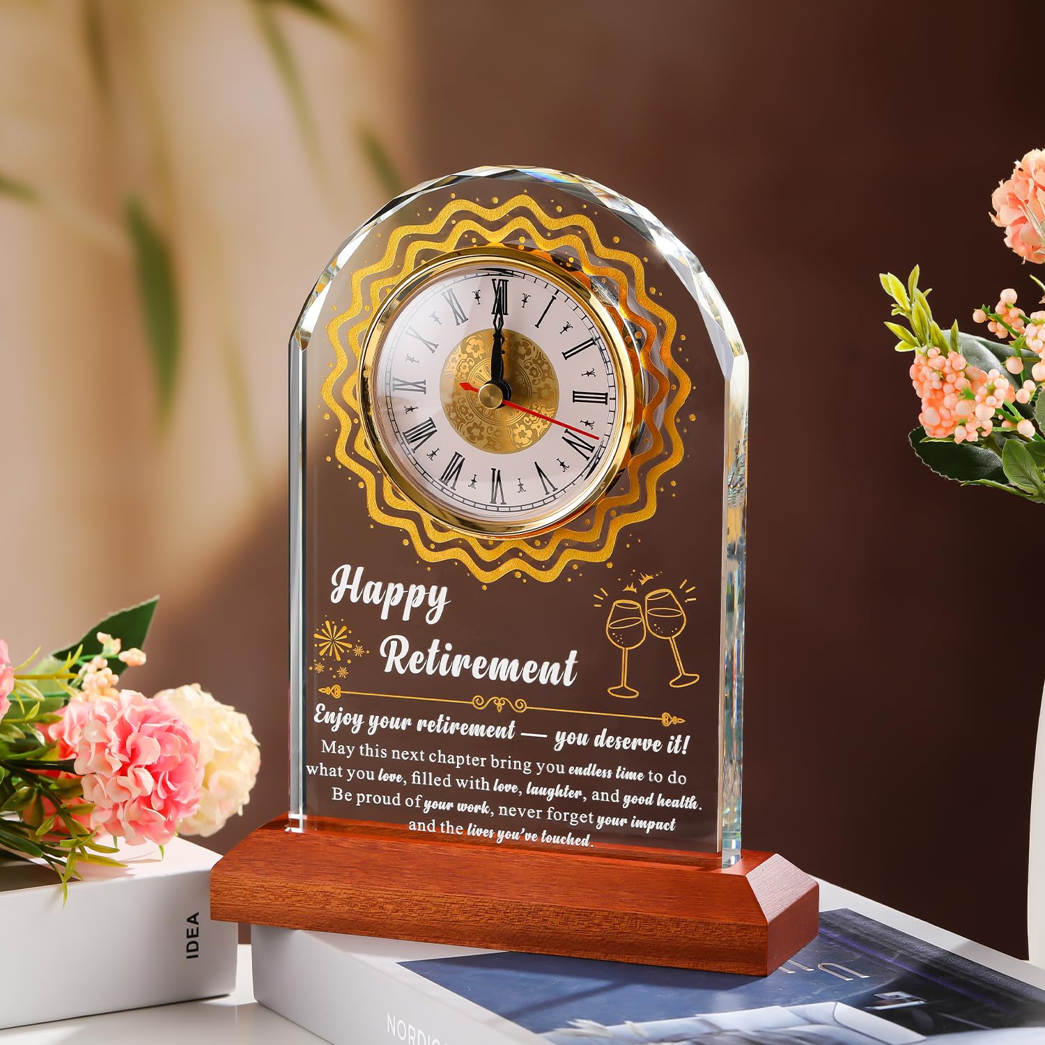 K9 - Reloj de cristal para jubilación para mujeres y hombres, con base de madera y grabado láser, recuerdo inspirador de 6.5 x 8.5 pulgadas para profesores, enfermeras, médicos, jefes