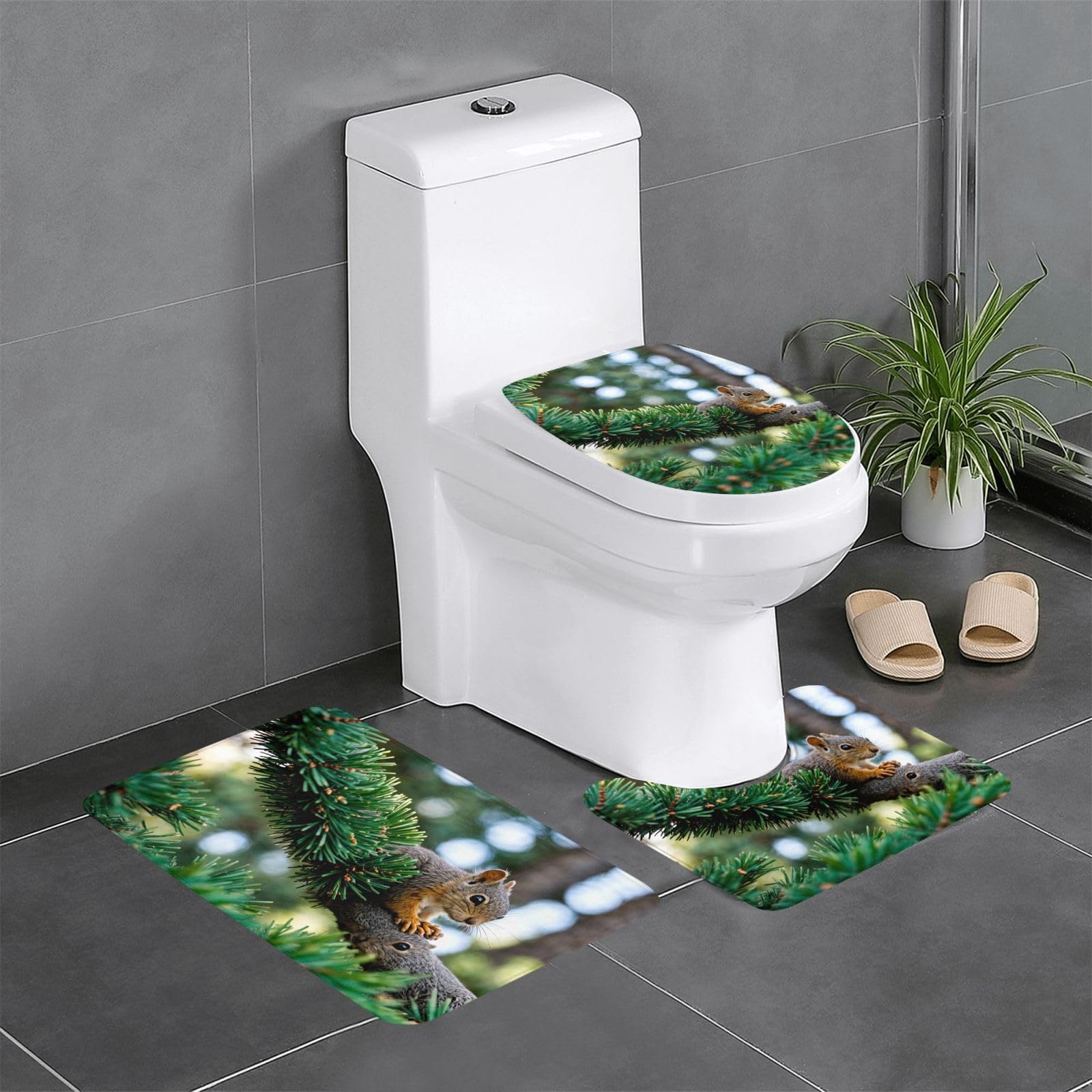 Tapis de salle de bain antidérapants lot de 3 motif écureuil pour toilettes 61x40cm