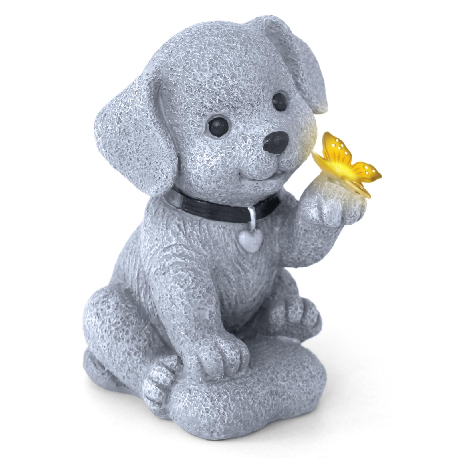 Statue da giardino solare, cane con farfalla, decorazione esterna resistente alle intemperie, regalo per compleanno