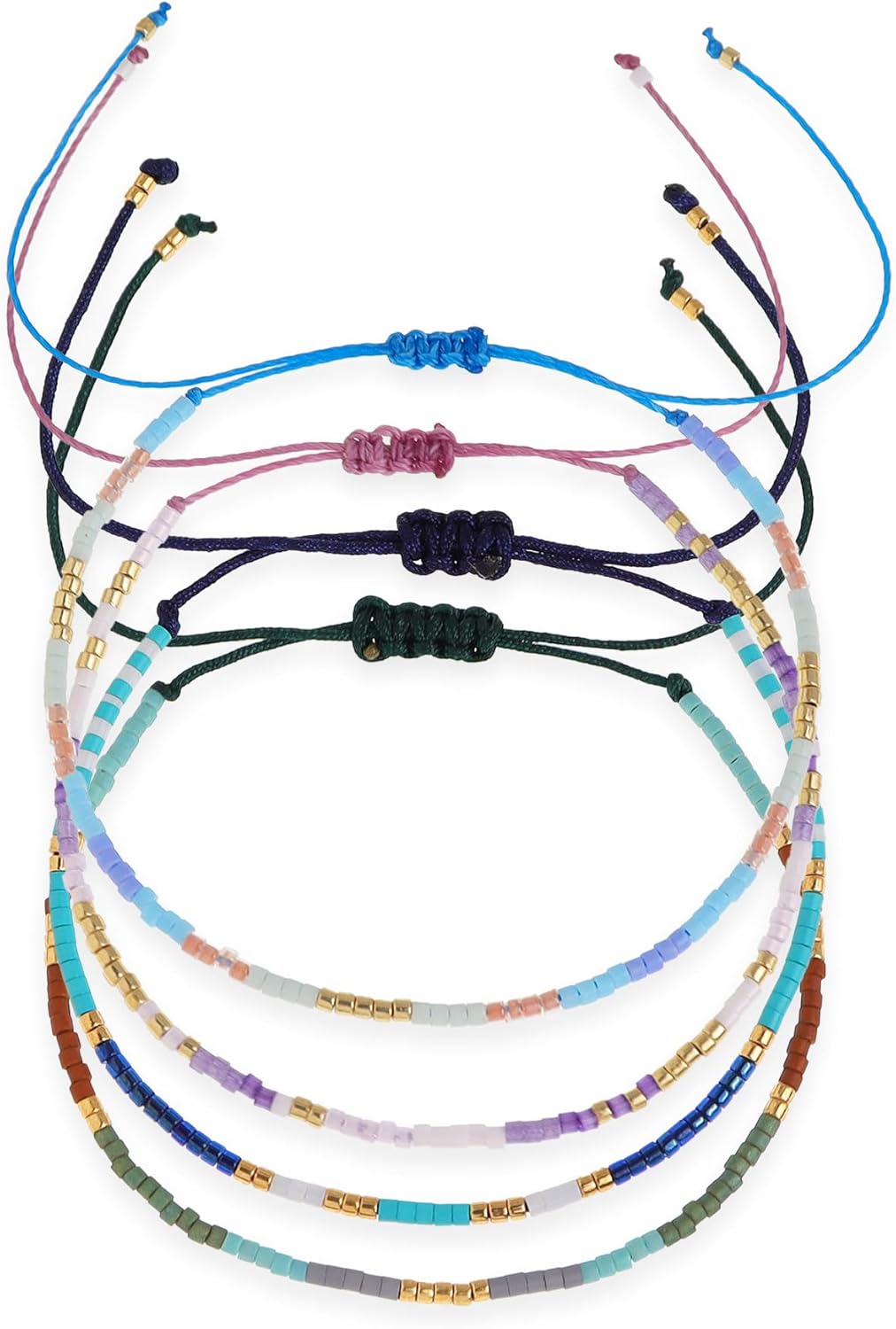 Purple Blue Beaded Stack Bracelets Set for Women, 4Psc Cute Dainty Boho Handmade Adjustable Colorful Beads Stackable Strand Bracelet Prom Jewelry Gift.