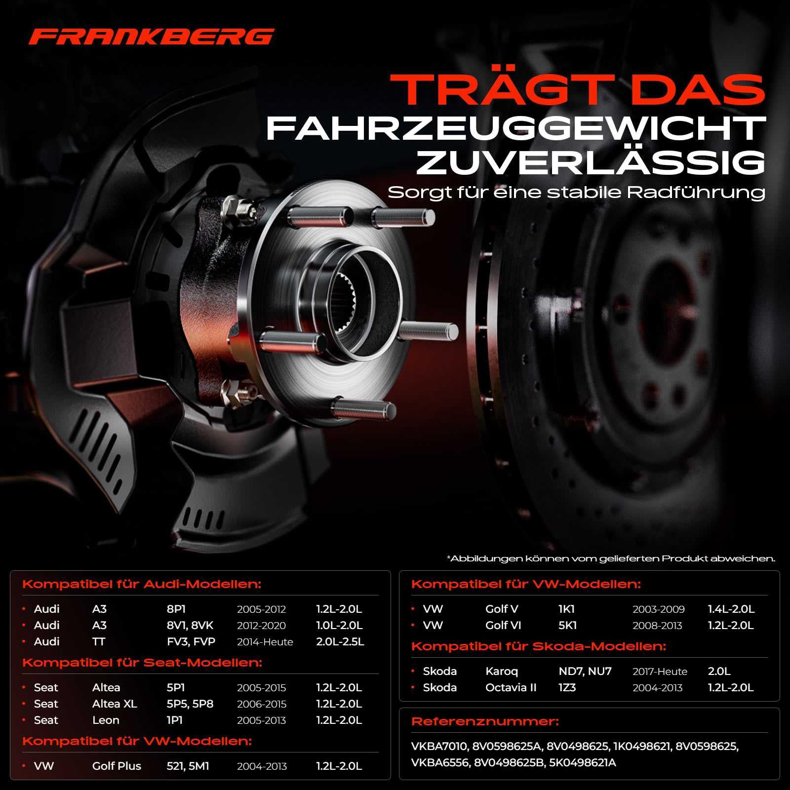 Frankberg 2x Radlager Radlagersatz Vorne Links Rechts Flansch-Rad ⌀136,5 Mit ABS Magnetring Kompatibel mit Golf VI 5K1 Golf Plus 521 5M1 A3 Sportback 8VA 8VF Replace# 8V0598625