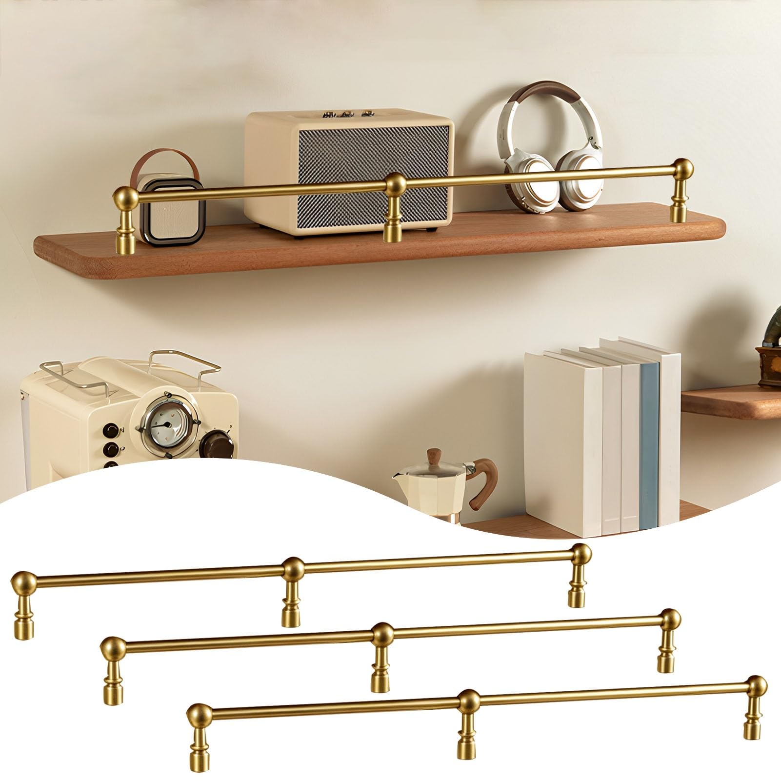 Geländer aus massivem Messing für schwebende Regale, 91,4 cm lang, Antifall-Stange, Regalstütze für Schrank, Galerie, verstellbar, 20,3 bis 203,2 cm Zaun-Set, 3 Stück