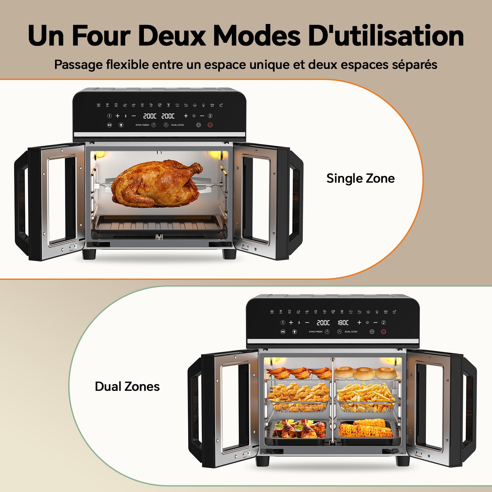 23L Friteuse à Air Chaud Familles, Mini Forno Cuisson Zone 1/2, Temp Sép | Portes Français 15-en-1 Fenêtre de Visualisation Lumière Intégrée, Grande Fritteuse Sans Huile Famille, 200℃/2600W Air Fryer