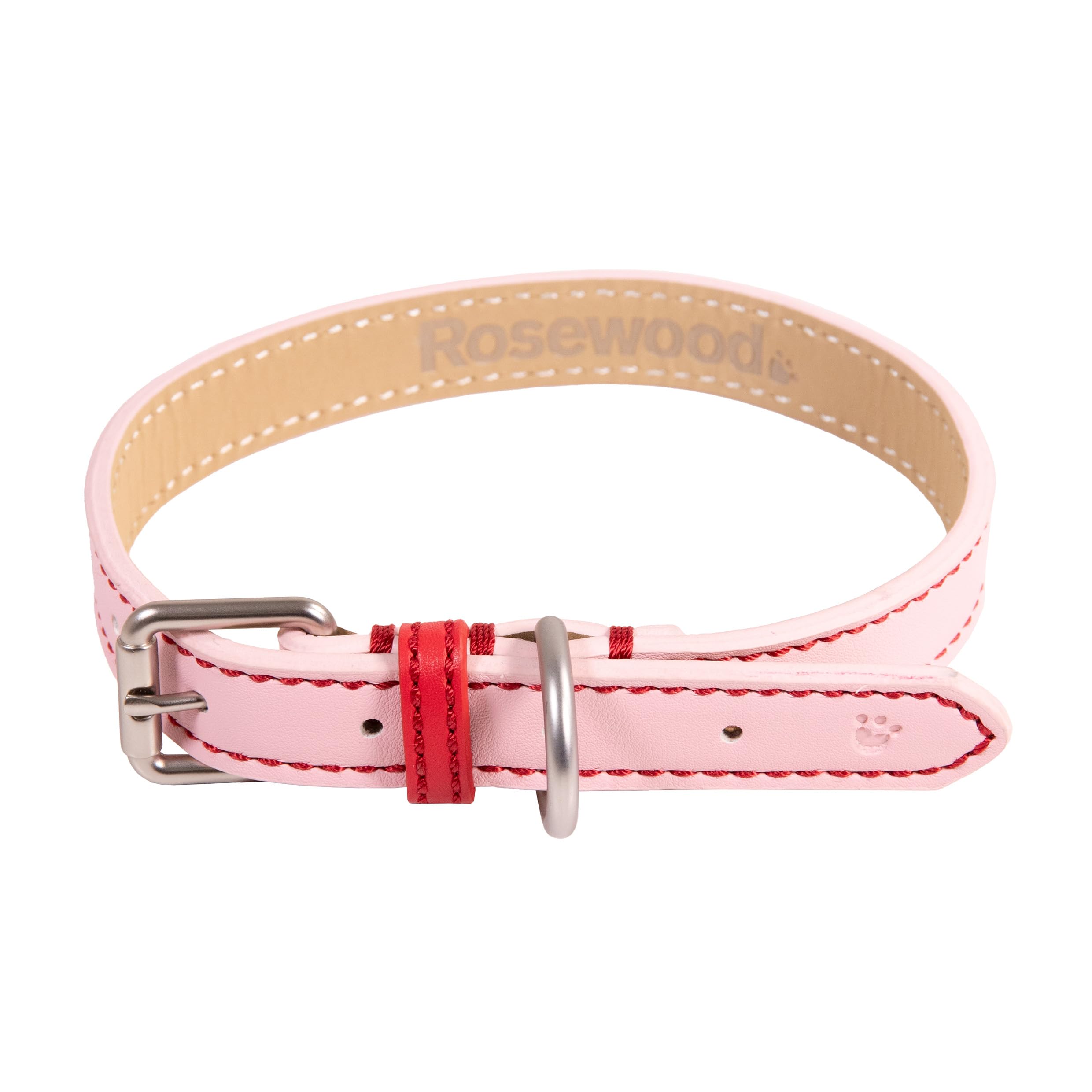 Rosewood Vegan Leather Dog Collar – Adjustable PU Leather Pet Collar for Large Dogs – Stylish, Durable Collar with Metal Hardware – Pink/Red, 22-26”