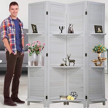 Room Dividers and Folding Privacy Screens 4 Panel 69 Inch Tall Portable Room Seperating Divider w/ 3 Display Shelves Solid Wood Room Partitions and Dividers Freestanding for Home, Office, Restaurant