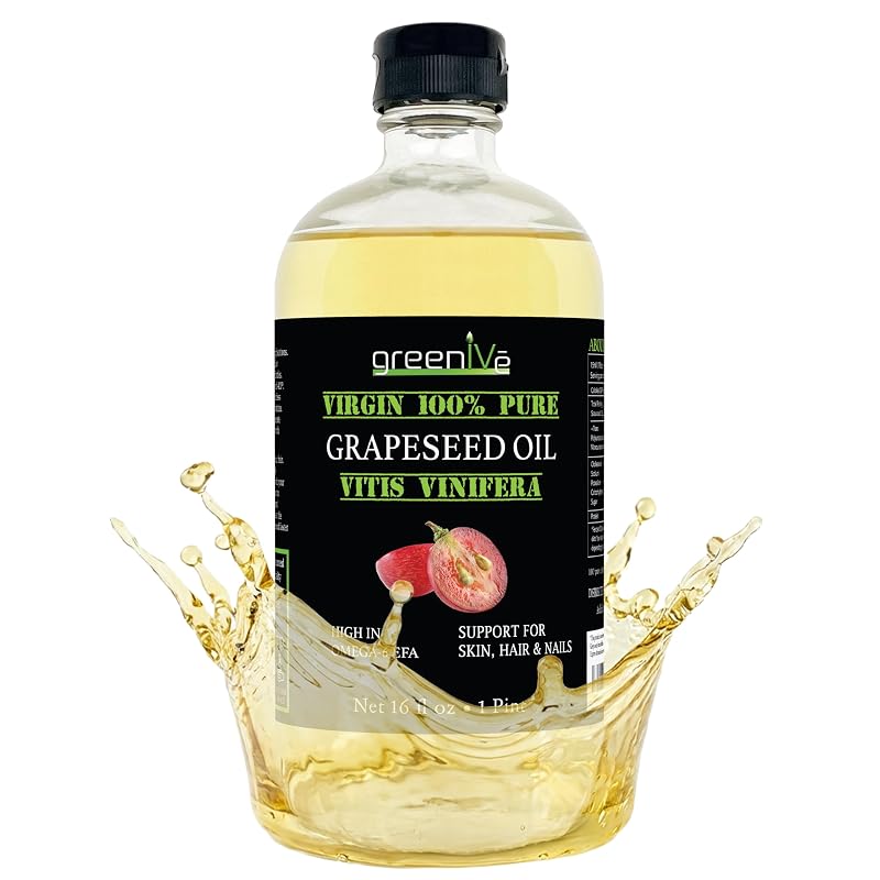 GreenIVe Óleo de semente de uva, 100% puro, prensado a frio, sabor suave, para uso culinário, frasco de vidro com 473 mL