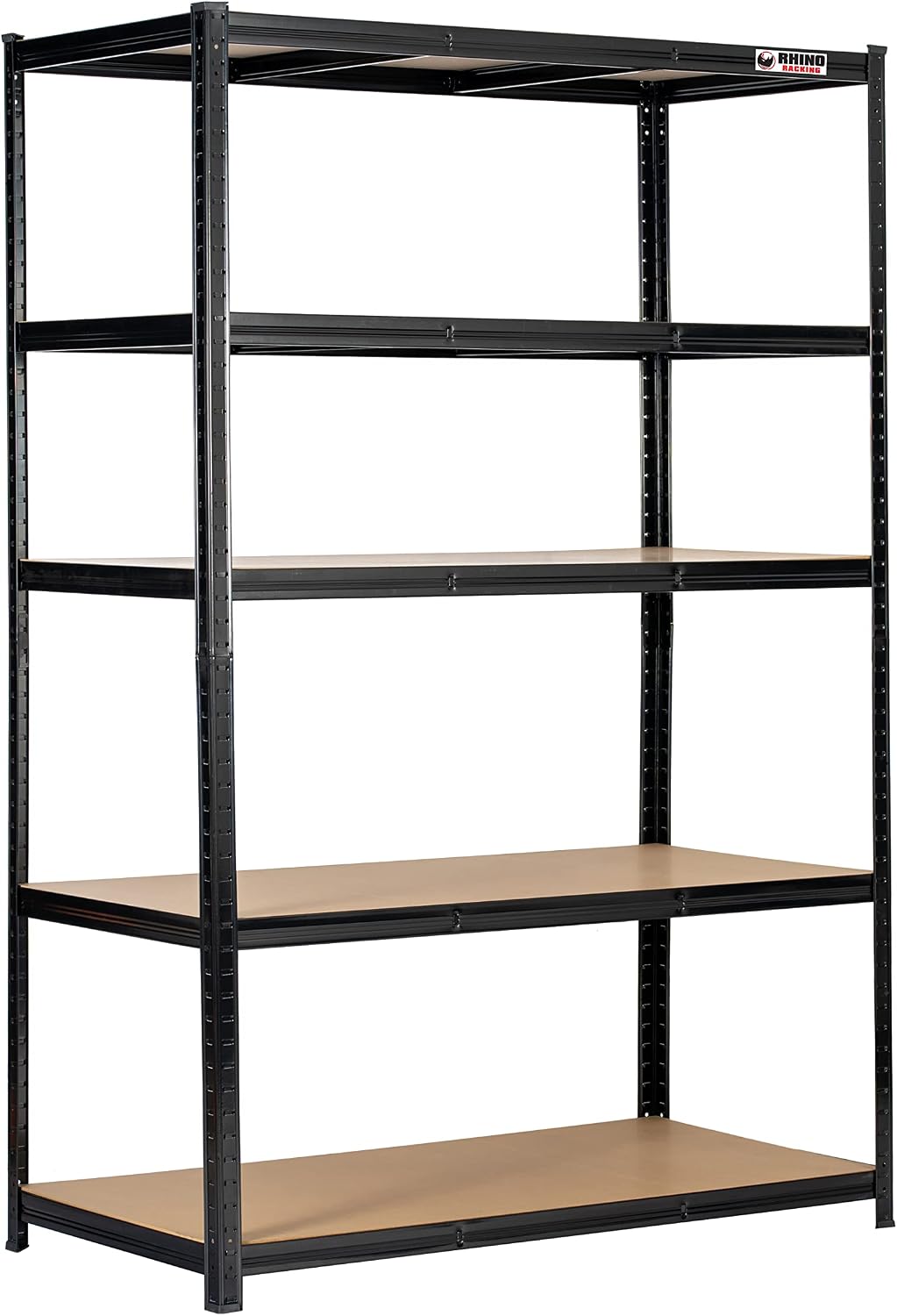 Black five-tier metal garage shelving with MDF boards