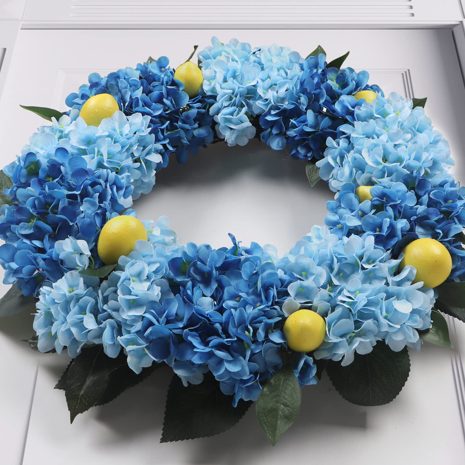 Kmise Sommer-Frühlingskranz für Haustür, 66 cm, große blaue Hortensien, Zitronenkranz für Tür, Fenster, zum Aufhängen, Hochzeit, Party, Dekoration