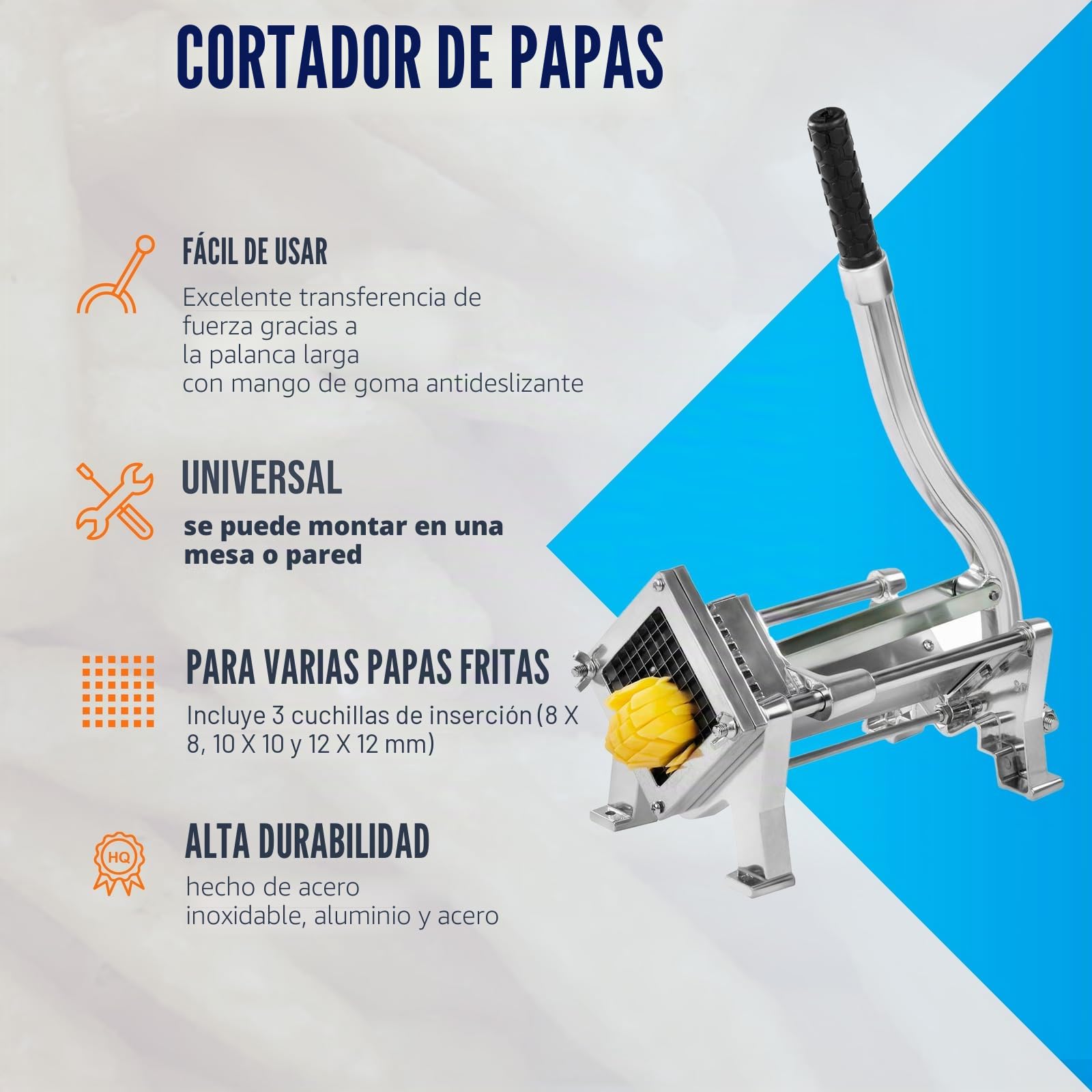 Royal Catering RCKS-3 - Cortador de patatas y verduras (incluye 3 cuchillas 8 x 8/10 x 10/12 x 12, manual, montaje en mesa y pared, acero inoxidable y aluminio, estable)