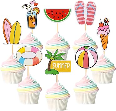 48Pcs Hello Summer Cupcake Toppers Pool Party Birthday Decorations | Slipper Surfboard Swimming Pool Party Decorations,Water Polo Cupcake Toppers,Summer Beach Party Decorations