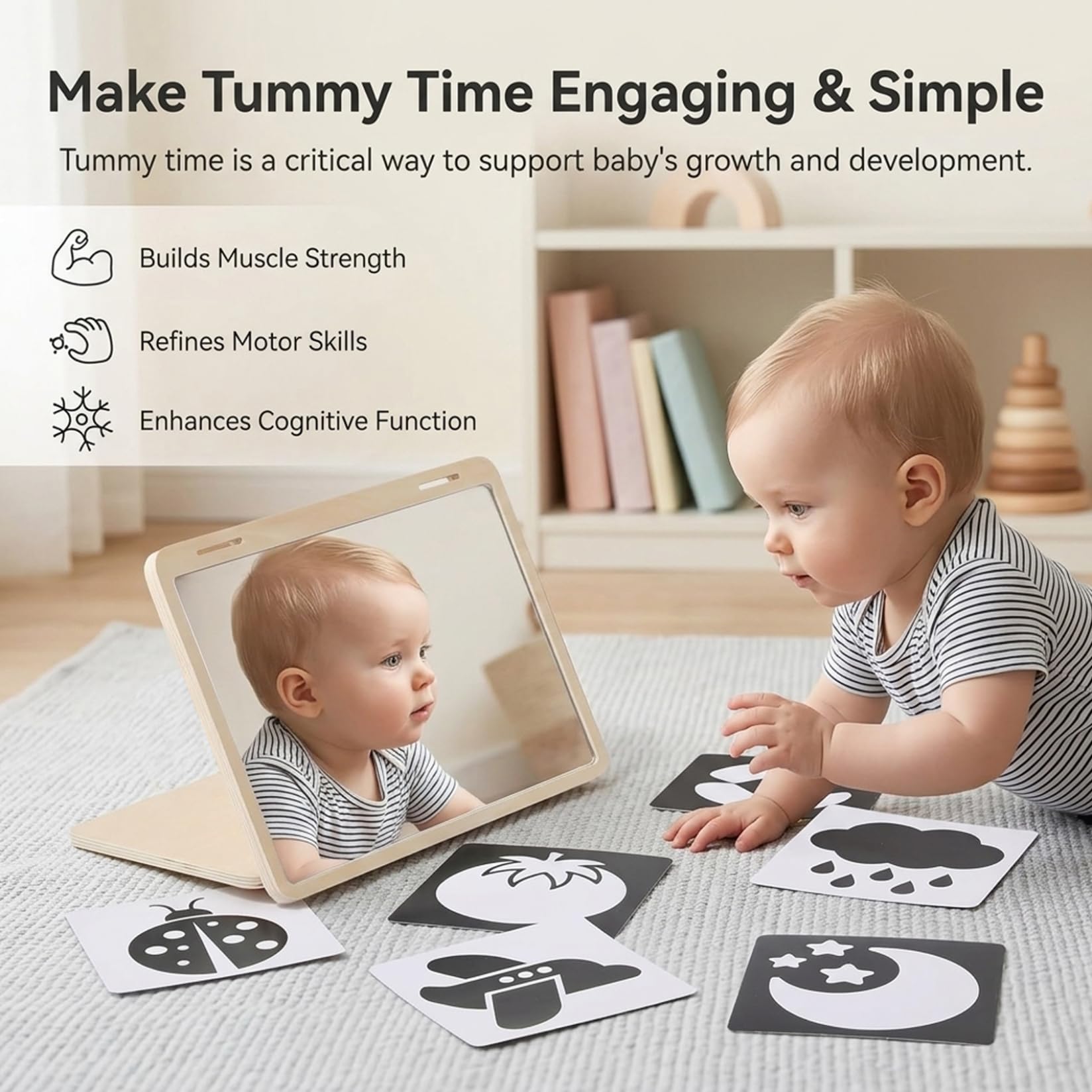 Juguete para bebé con espejo boca abajo, juguete sensorial con espejo Montessori con soporte ajustable y tarjetas visuales, de madera para recién nacidos de 0 a 3 meses para desarrollo visual.