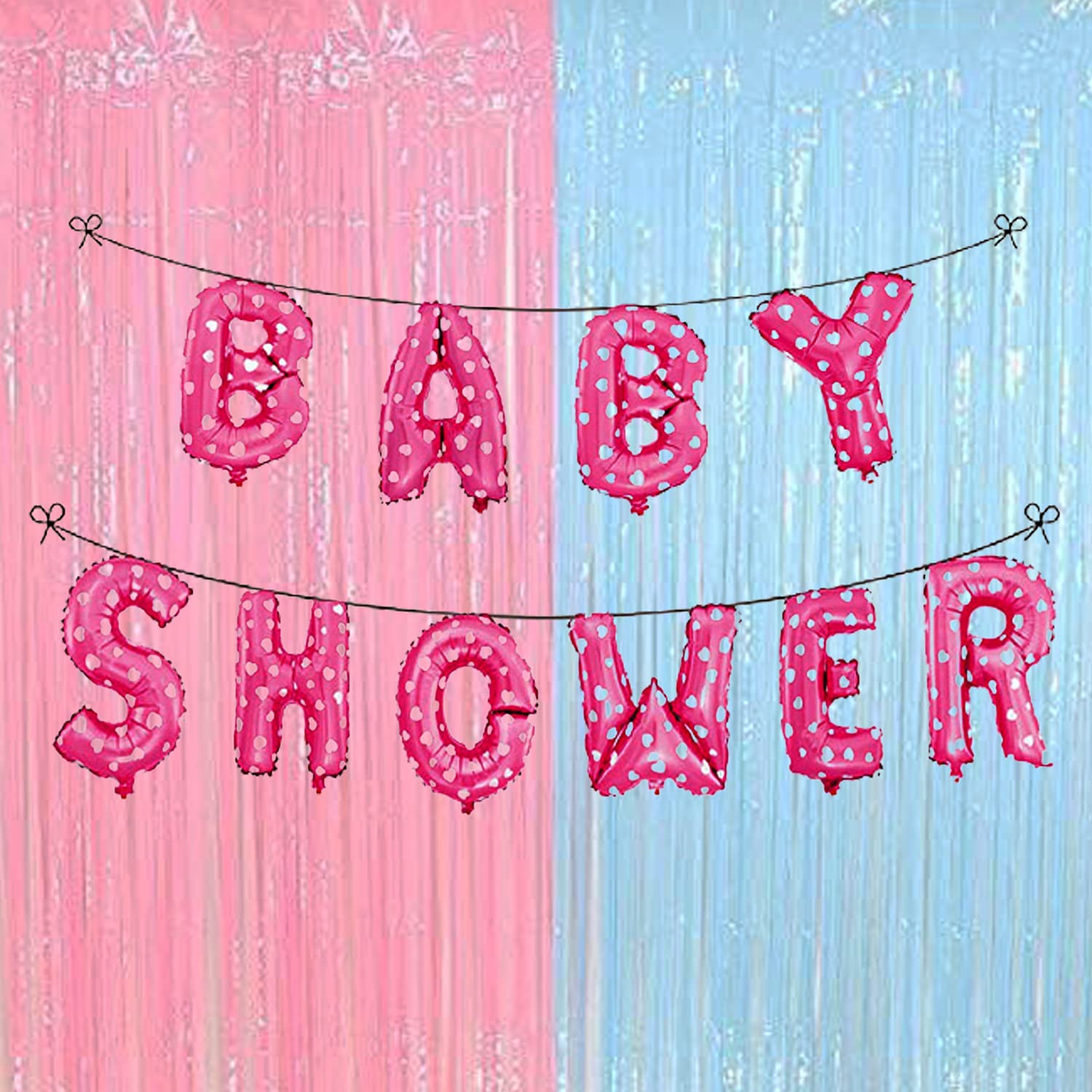 Yey Baby Shower Props and Decoration Combo Set (3 pcs) Baby Shower Pink Foil Balloons + Pink and Blue Fringe Curtain for Baby Shower Party and Godh Bharai Decoration (Pink and Blue Color)