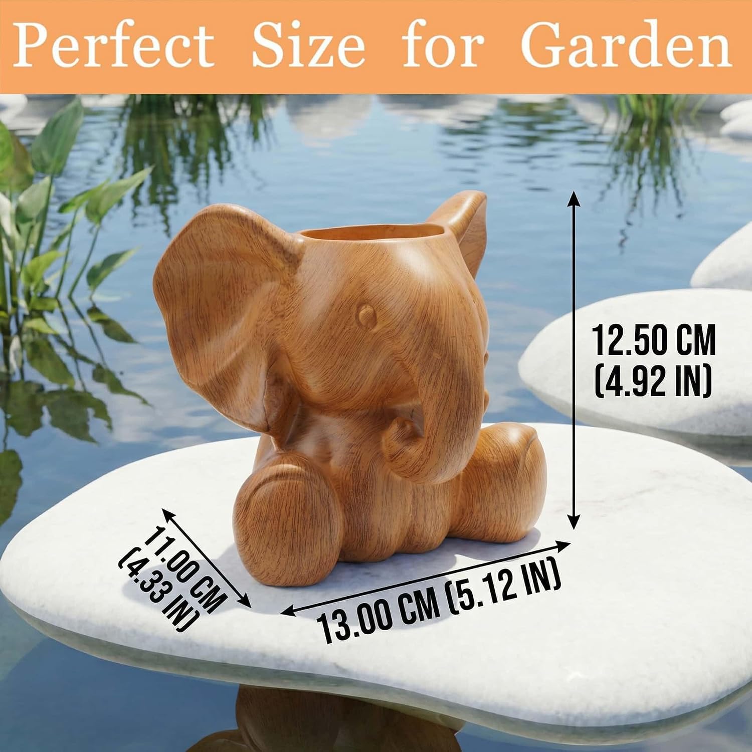 Small Plant Container | Unique Resin Flower Pot Sculpture | Succulent Flower Pot | White Elephant Gifts for Women | Perfect Plant & Elephant Gifts | Indoor & Outdoor Use (Wood Grain) image 4