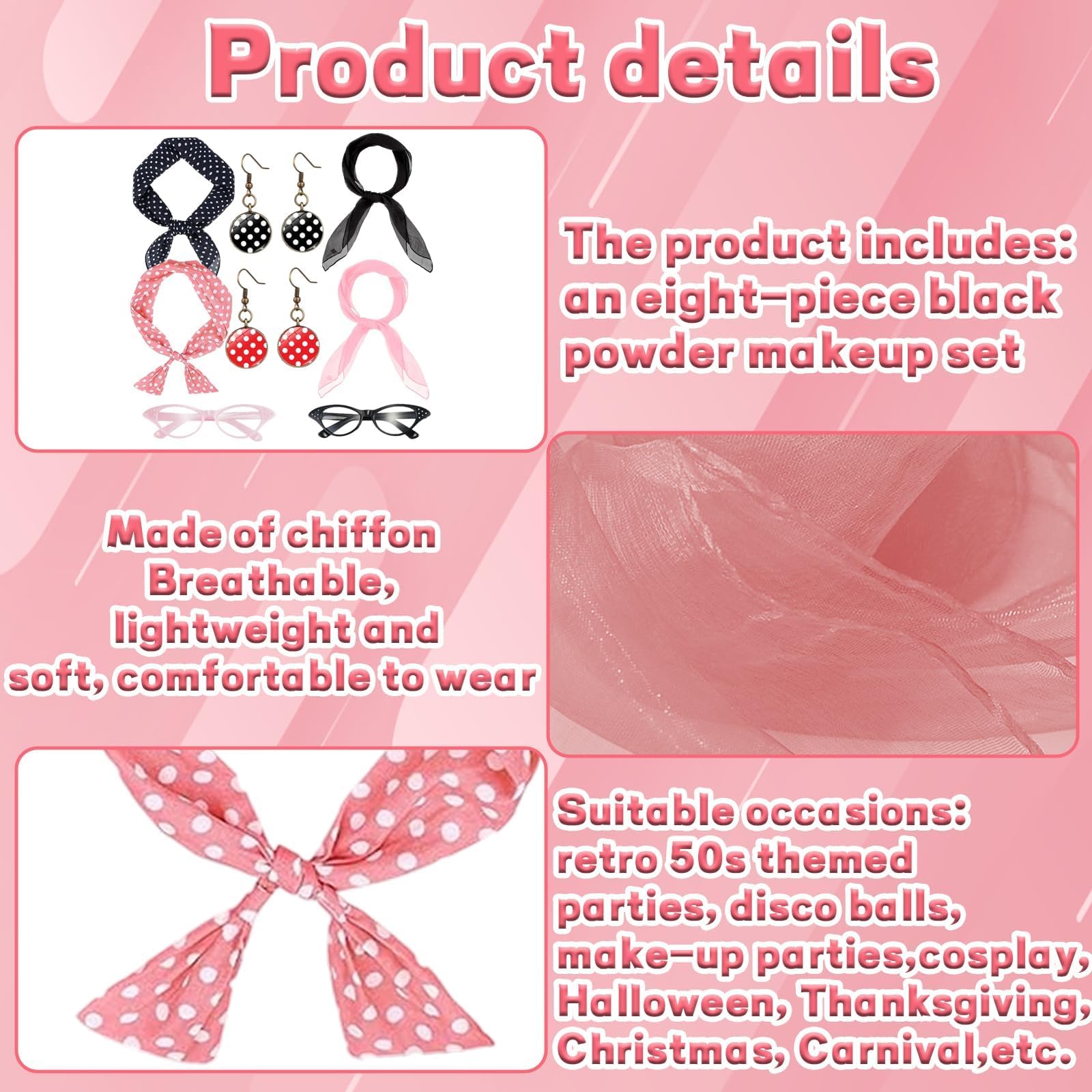 YFHUVB Pink Ladies Fancy Dress Accessories, 50s Ladies' Retro Costume Accessories Cat Glasses Polka Dot Headscarf Earring Set - Image 3