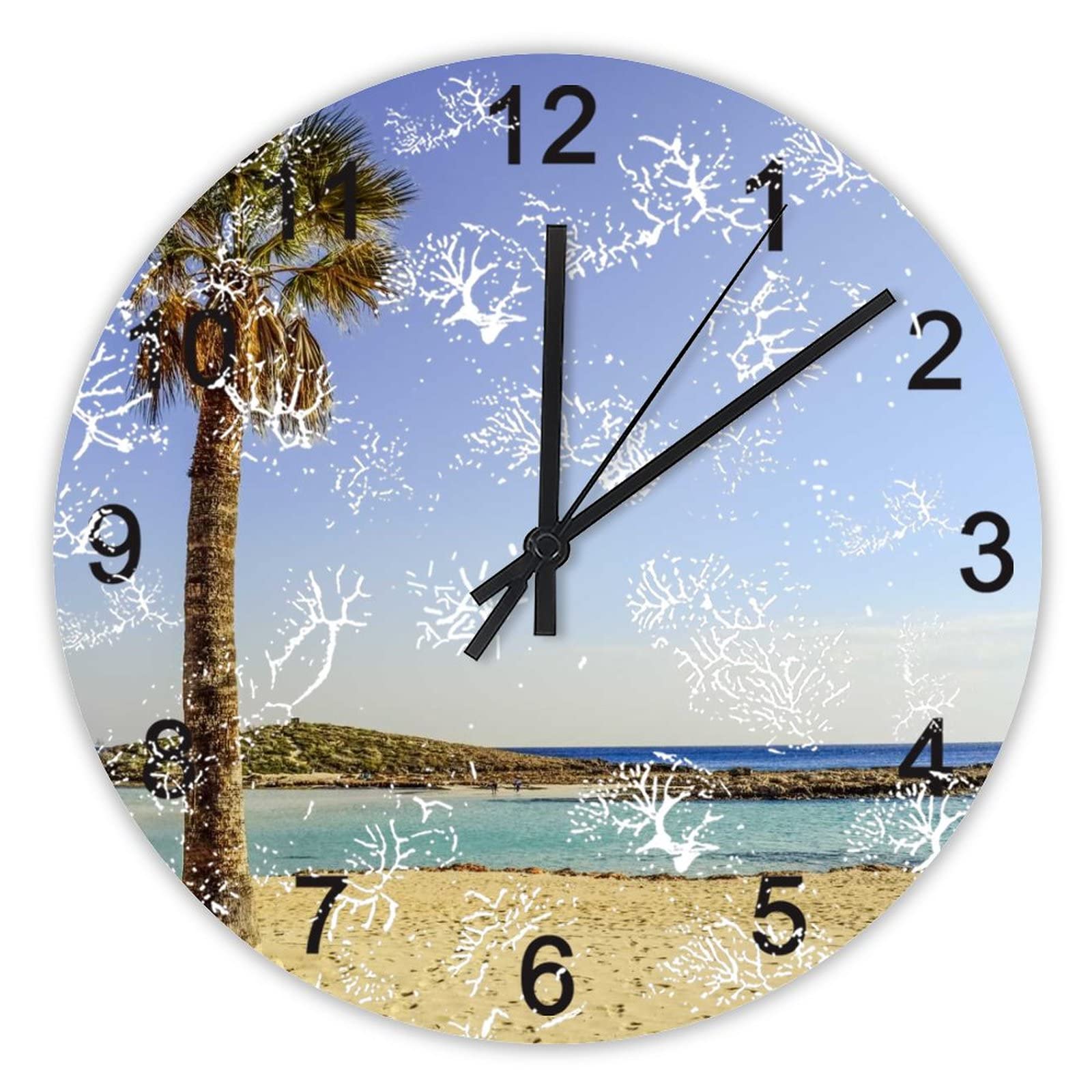 Horloge murale silencieuse de 40 cm pour chambre à coucher motif plage et palmier