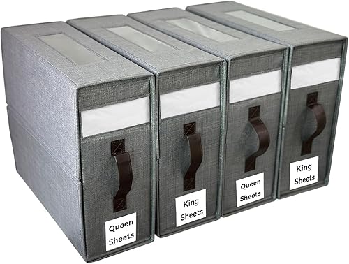 4 Pack Foldable Bed Sheet Set Organizers (Queen or King Size), Sheet Organizer for Linen Closets with Window, Duvet Covers and Blankets Keeper,