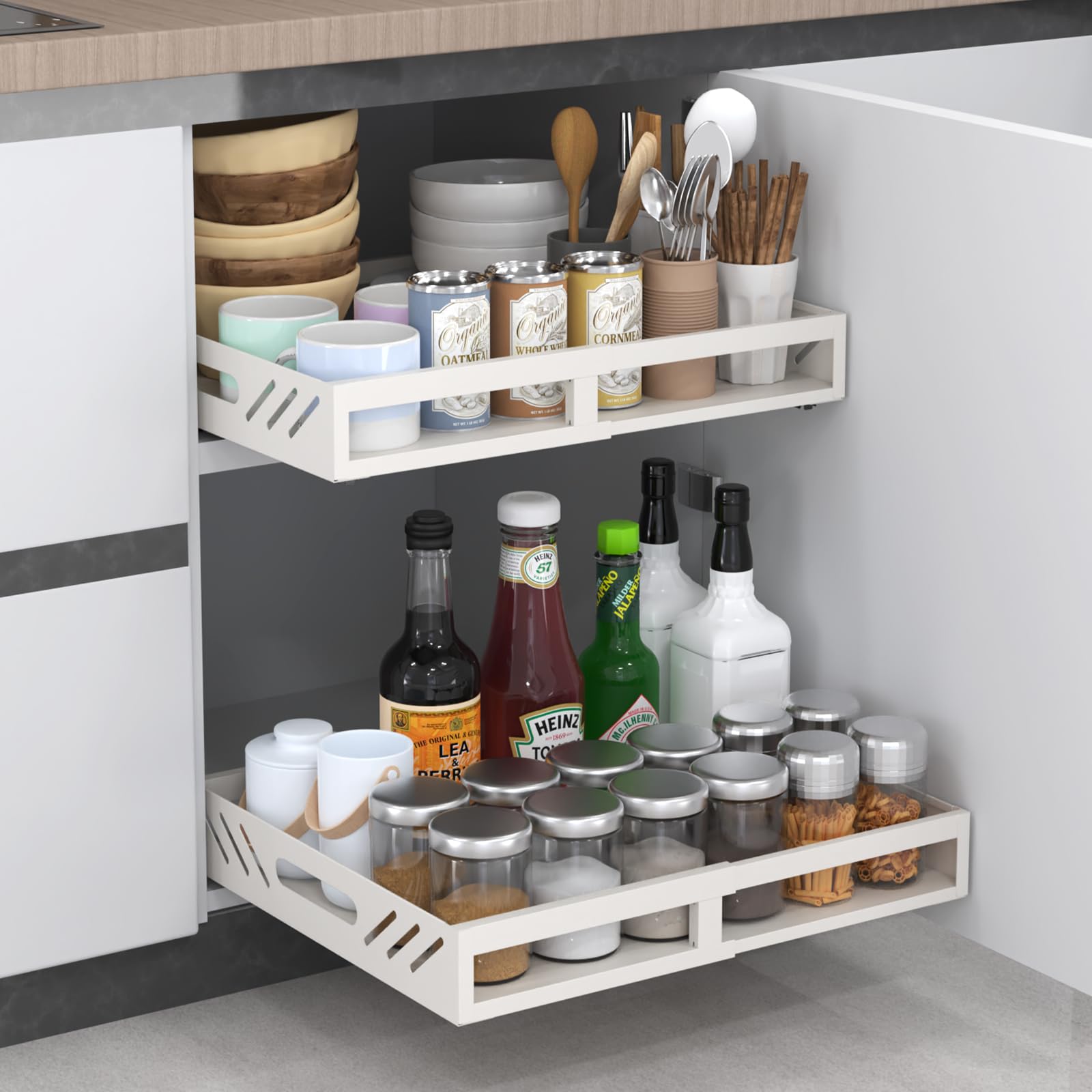 Expandable Pull Out Cabinet Organizer Adhesive,Peel and Stick Slide Out Drawers for Kitchen,Organization Adjustable White 43cm