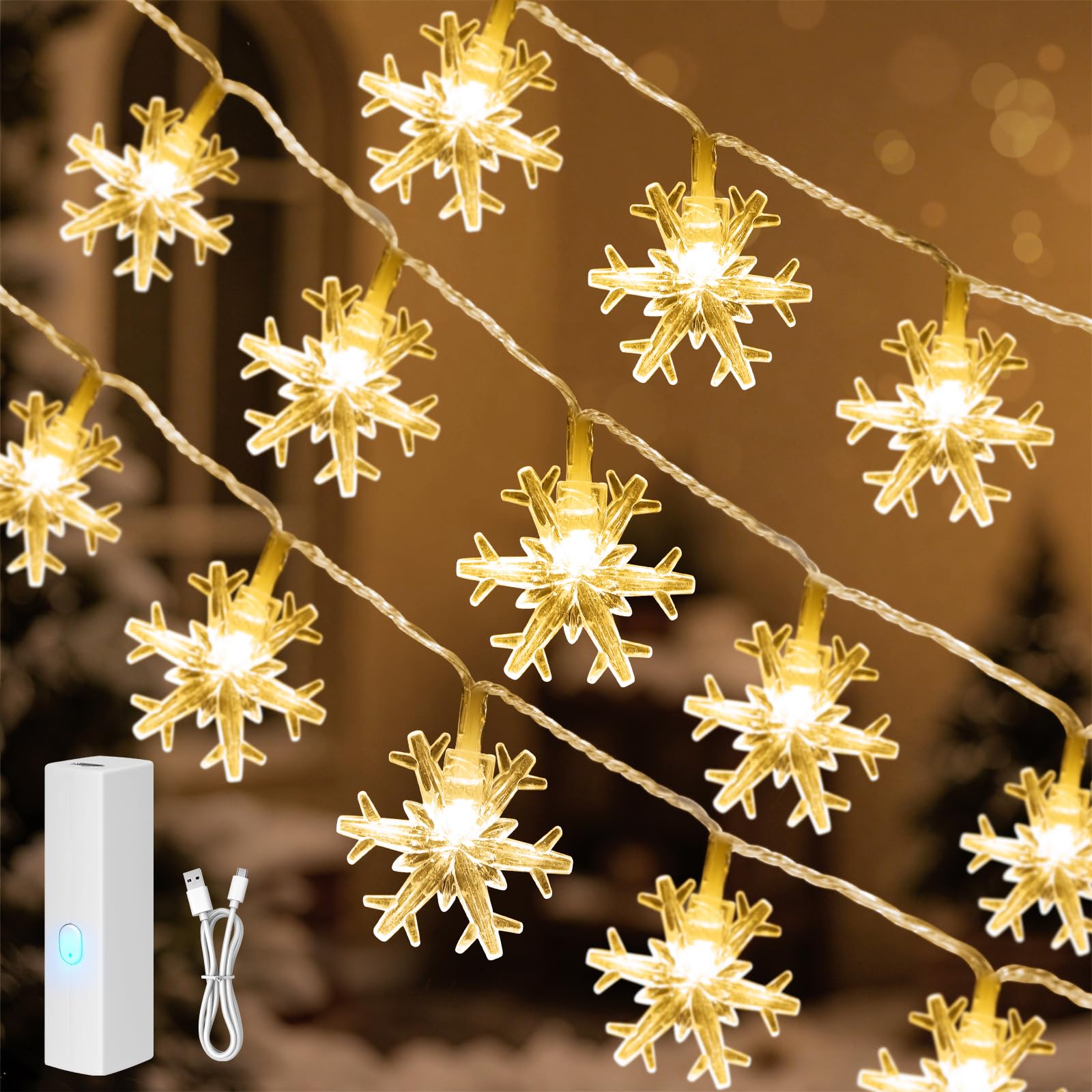 Lakumu Rechargeable Battery Operated Snowflake Christmas LED Fairy Lights | 8 Modes & Timer, 20FT 40 LED Hanging Snowflake String Lights for Xmas Bedroom Party Christmas Decorations Warm White
