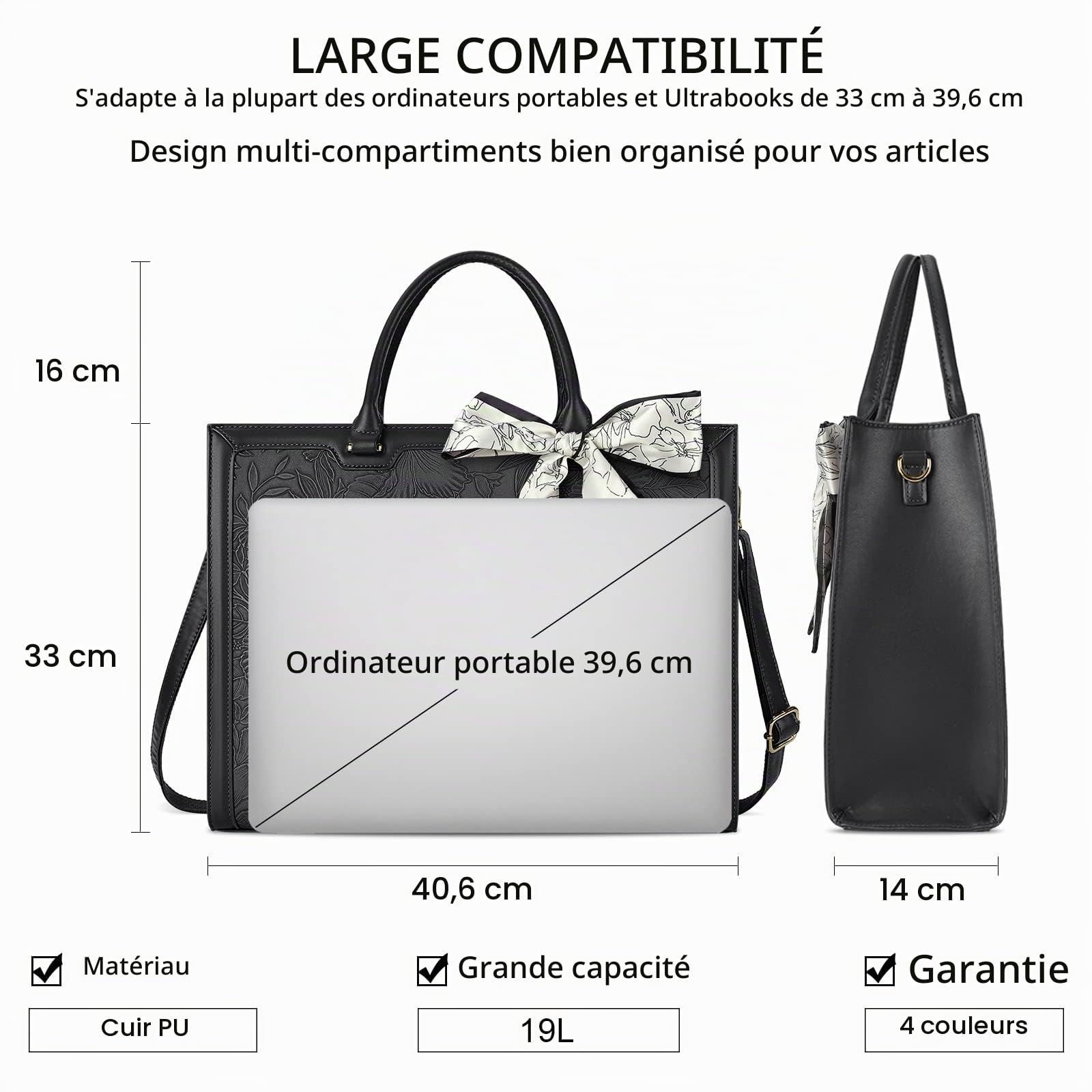 NUBILY Sac Cabas à Main Similicuir Grand Capacité Sac Ordinateur Femme Imperméable Sac de Cours Lycée Sacoche Porté Epaule Bandoulière Sac Rigide Documents A4 Sac Fourre Tout Noir