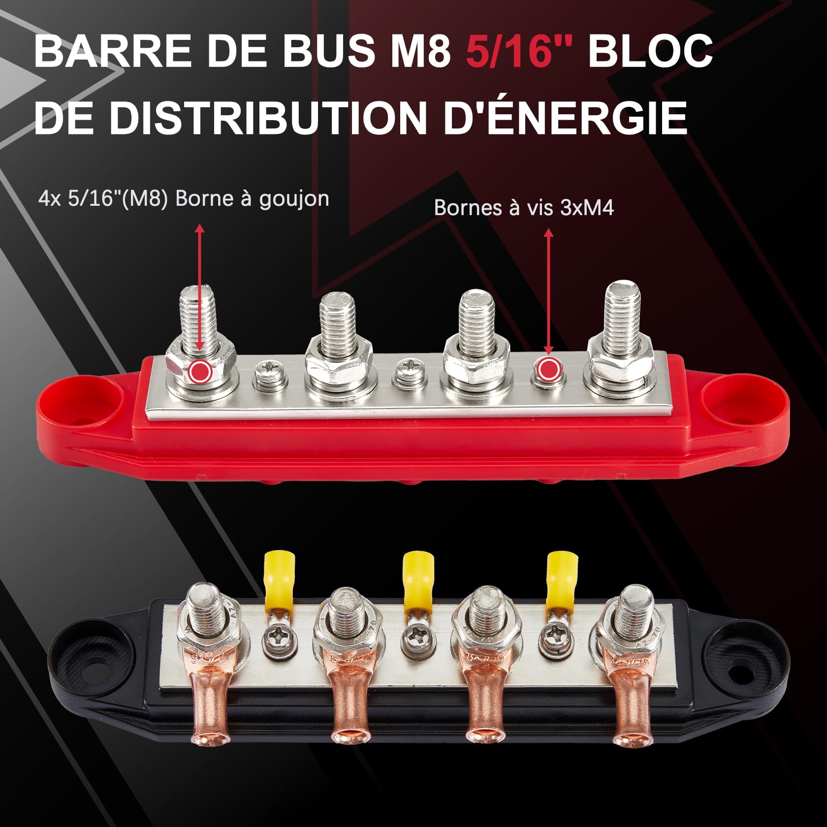 Pindex - Bloc de distribution M8 - 250 A CC - 12 V-48 V - 4 Boulons M8 - Rouge + noir - Plastique - Montage en surface - 4 Contacts - Vis - Pour camping-car, bateau, yacht, voiture, camion