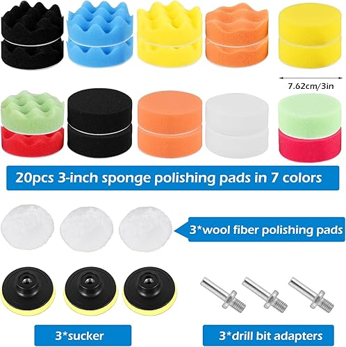 Miniatura 7 de HOTBEST Kit de 29 almohadillas de pulido para automóvil, esponjas de 3 pulgadas y almohadillas de pulido de fibra de lana, adaptadores de taladro y